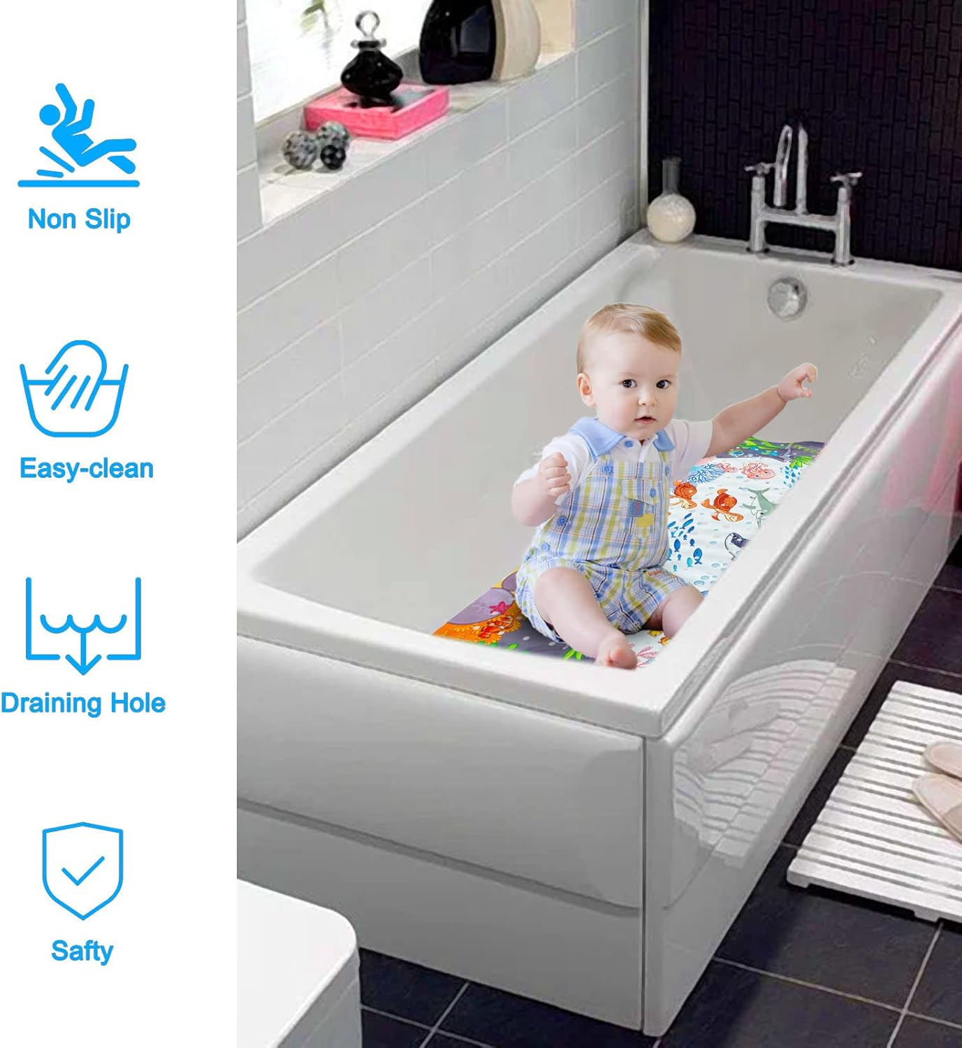 Baby Bath Mat for Bathroom 40X16 Inch Long Shower Mats Non-Slip Bathtub Mat with Suction Cup Reusable Baby Bathtub Mat Machine Washable (Turtle+ Blue Whale) image number 5