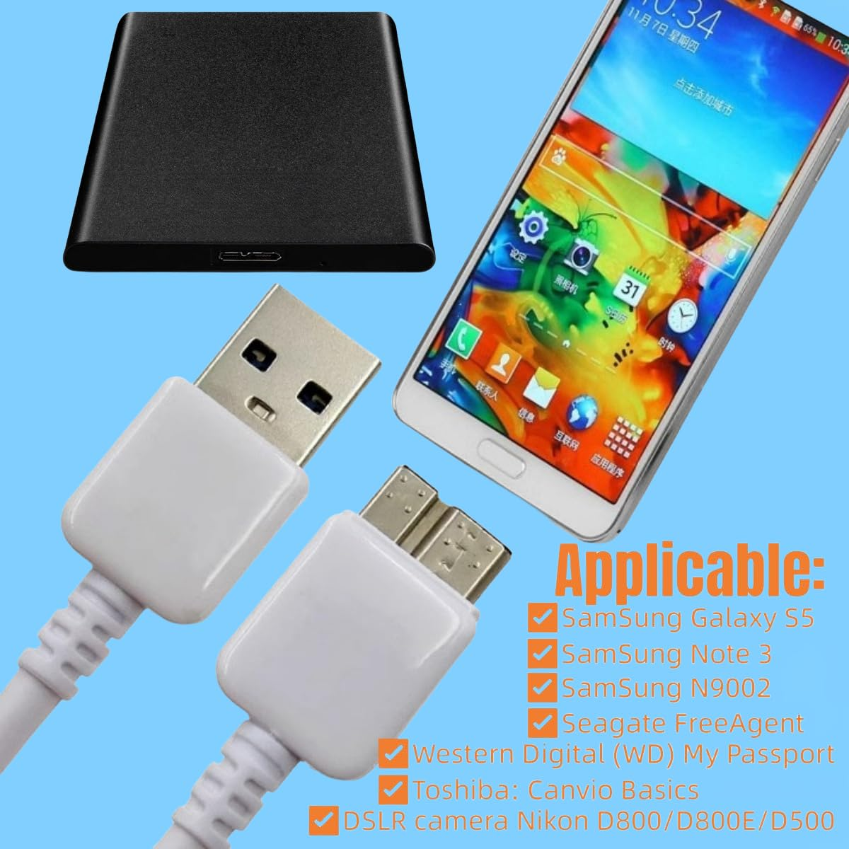 Sam&Johnny 3.3Ft USB 3.0 Data Cable for Note 3 N9000 Charging Cable WD Toshiba Seagate External Hard Drive Cable - White image number 1