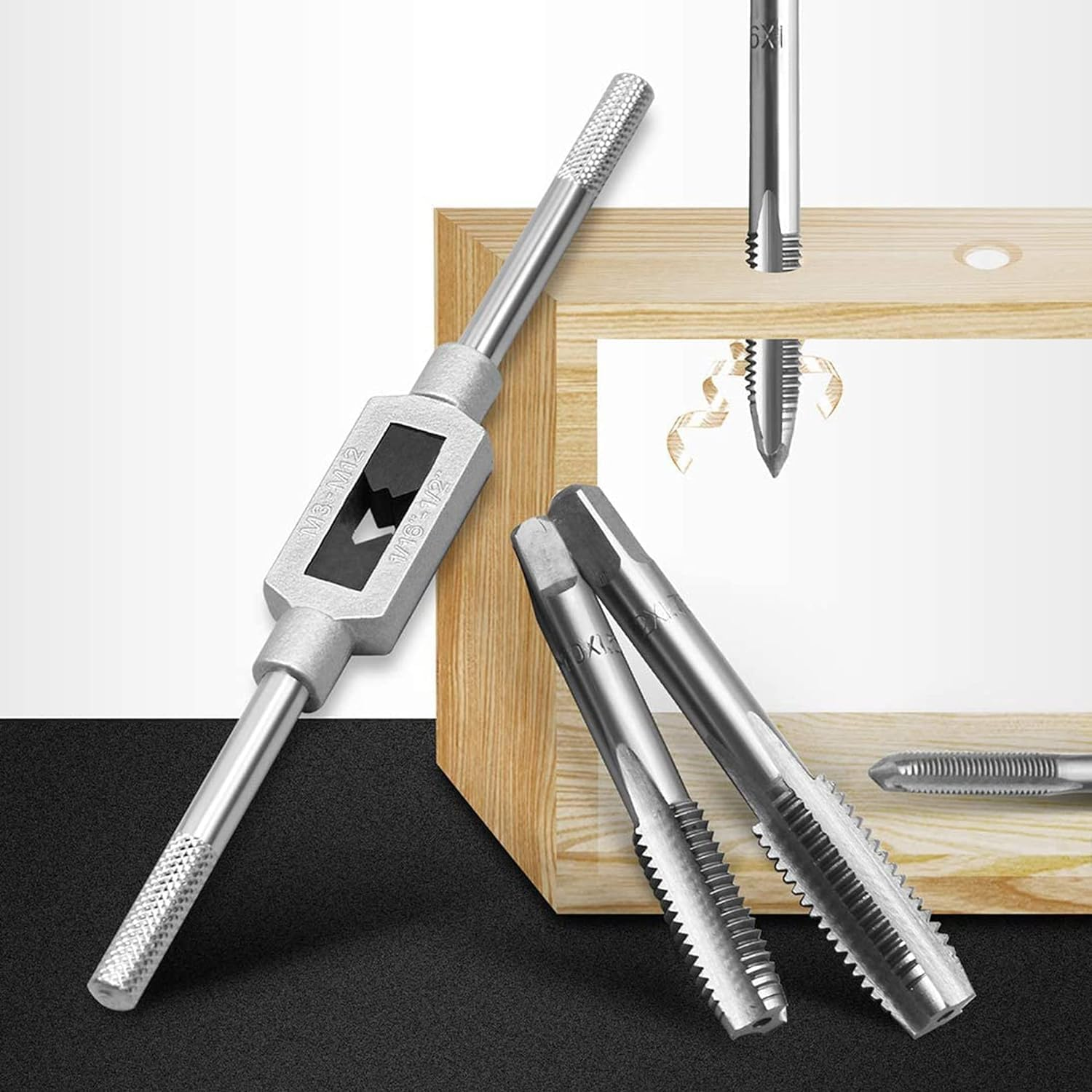 KEWAYO 8Pcs Metric Thread Tap Set, Tap Machine Hand Screw Thread Taps Set with M3-M12 Taps and Adjustable Wrench 1/16"-1/2", for Woodworking and Machinery Repair image number 5