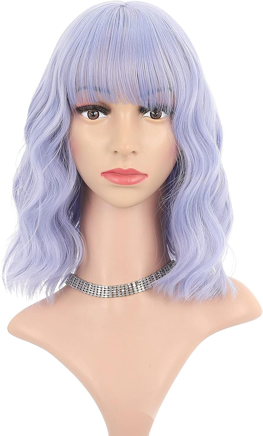 FAELBATY Light Blue Wave Bob Wigs with Bangs Synthetic Cosplay Wig for Girl Shoulder Length Wig for Women Costume Wigs Mixed Blue(12" Light Gray Blue)