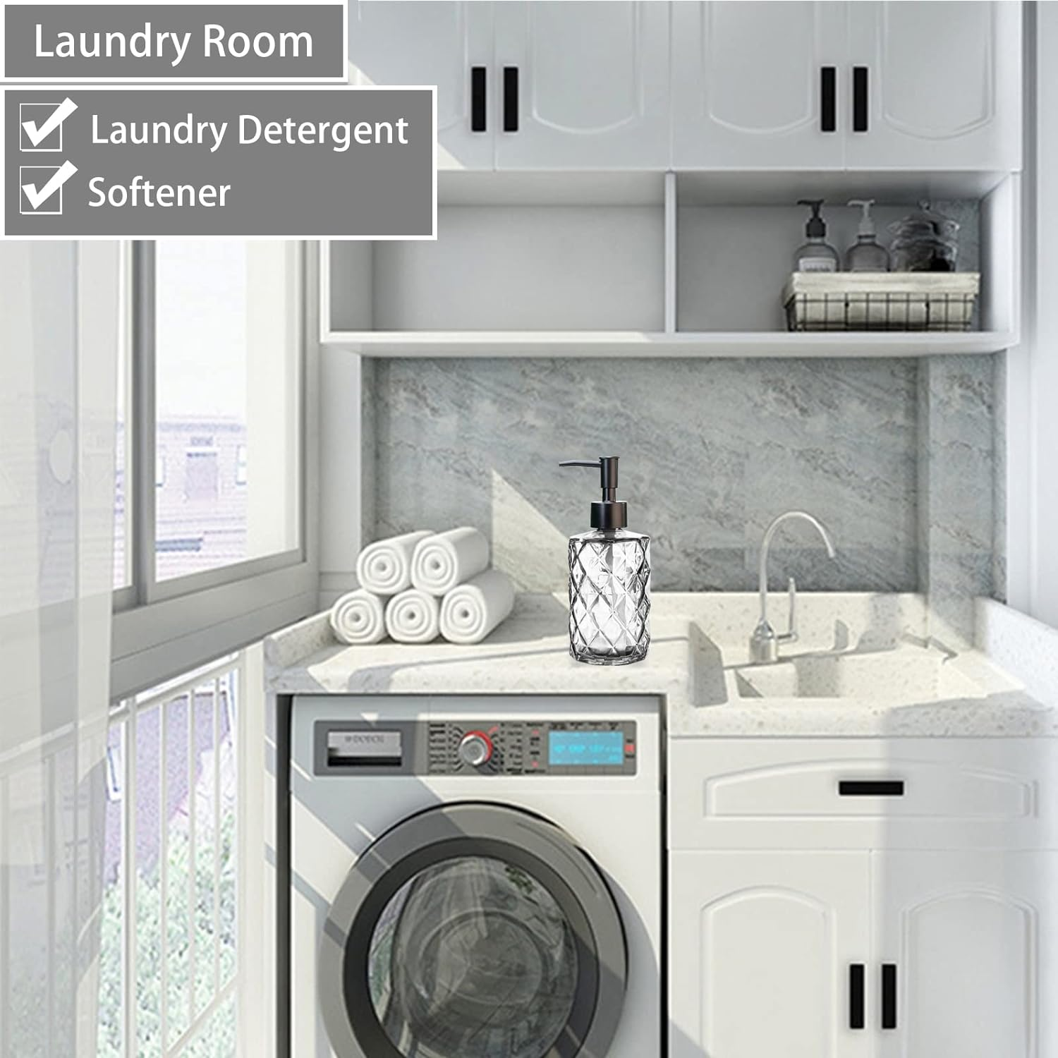 Glass Soap Dispenser with Black Pump, Bathroom Soap Dispenser Set(2 Pack, 11Oz.) Premium Thick Soap Pump Bottles, Refillable Kitchen Liquid Soap Bottle for Hand Sanitizer, Lotion (Clear, Black Pump) image number 4