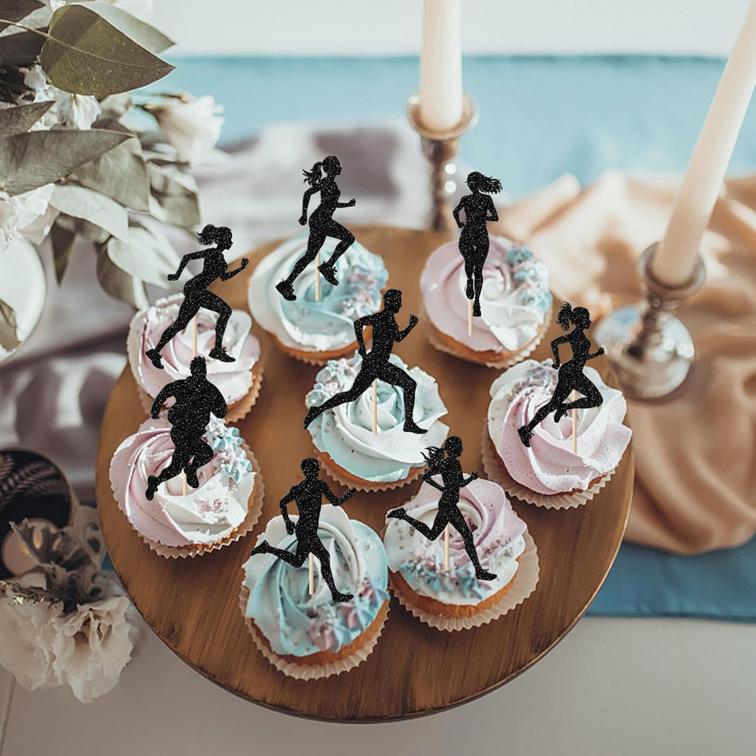 SYKYCTCY 24 Pack Running Cupcake Toppers Black Glitter Sports Fitness Cupcake Picks for Running Theme Boys Girl Kids Birthday Party Cupcake Decorations Supplies