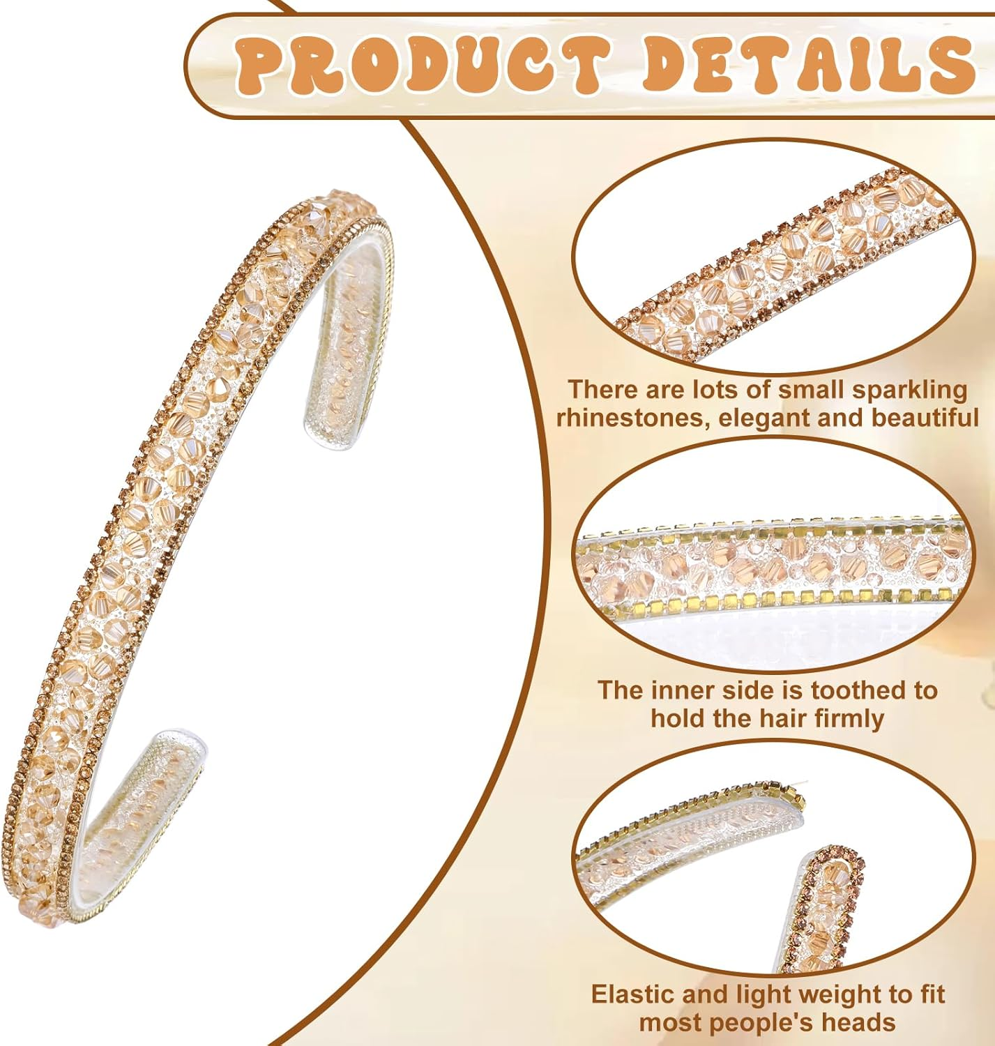 Rhinestone Headband, Sparkly Crystal Headband for Women Girls Non-Slip Glitter Diamond Headbands Bling Hair Styling Accessories for Party Birthday (Champagne)