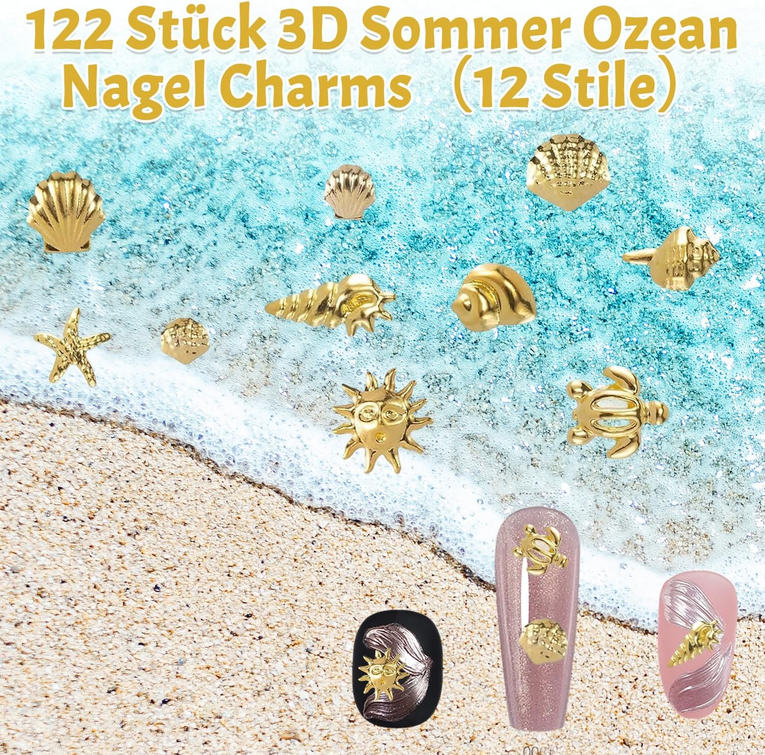 Nail Charms Gold, 122 Pieces 3D Gel Nail Art Charms Nails, Ocean Summer Sea Star Shell Rivets Charm Set, Metal Nail Design for Gel and Acrylic Nails, Golden 3D Nail Art DIY image number 3