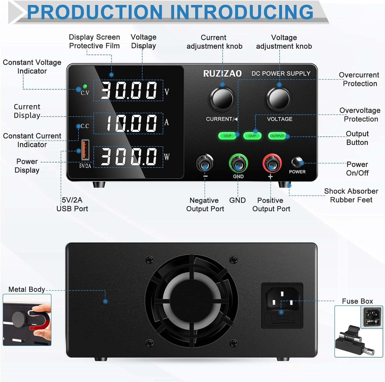 DC Power Supply 0-30V 0-10A 300W Encoder Knob Adjustable Switching Regulated DC Power Supply with 5V2A USB Fast Charging, OCP&OVP Multi-Layer Protection, Output Button Protects the Load image number 2