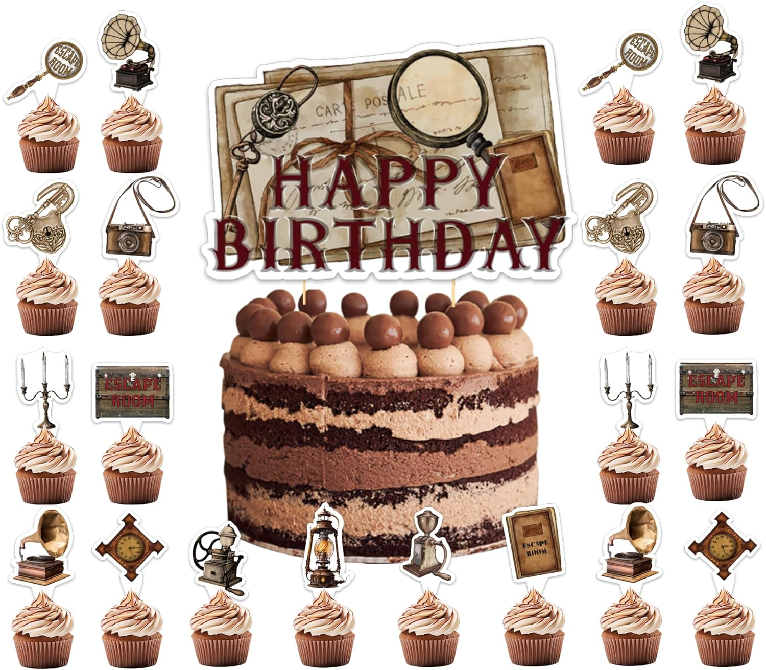 25 Pcs Escape Room Cake Topper Cupcake Toppers Escape Room Cake Decorations for Escape Room Birthday Party Decorations Mystery Escape Room Party Supplies image number 1