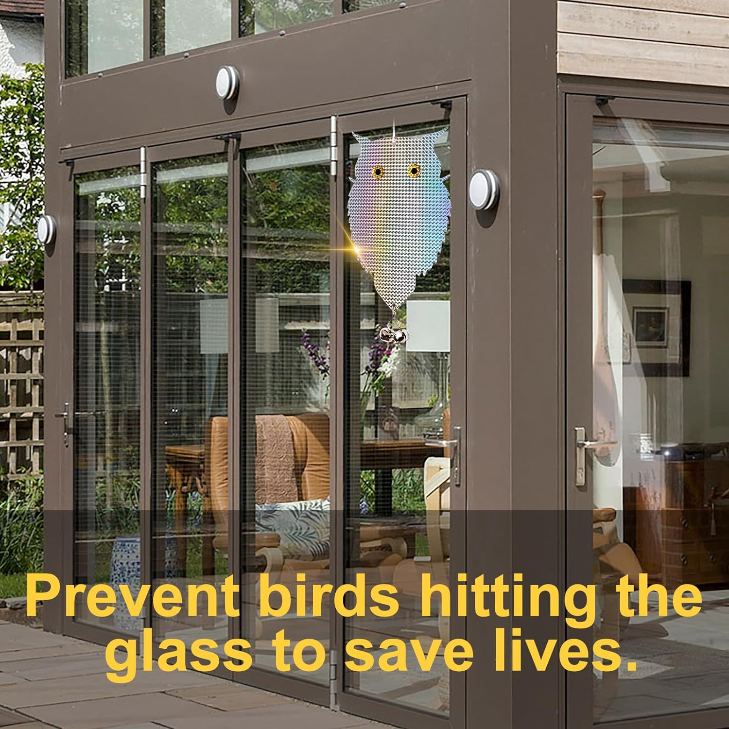 OFFO Owl Decoy for Pigeon Deterrent Hanging Outdoors Reflective Plastic Owls to Scare Pigeons to Keep Birds Away on Gardens with Bells 1 Pcs+ 2Pcs Bird Scare Rods image number 2