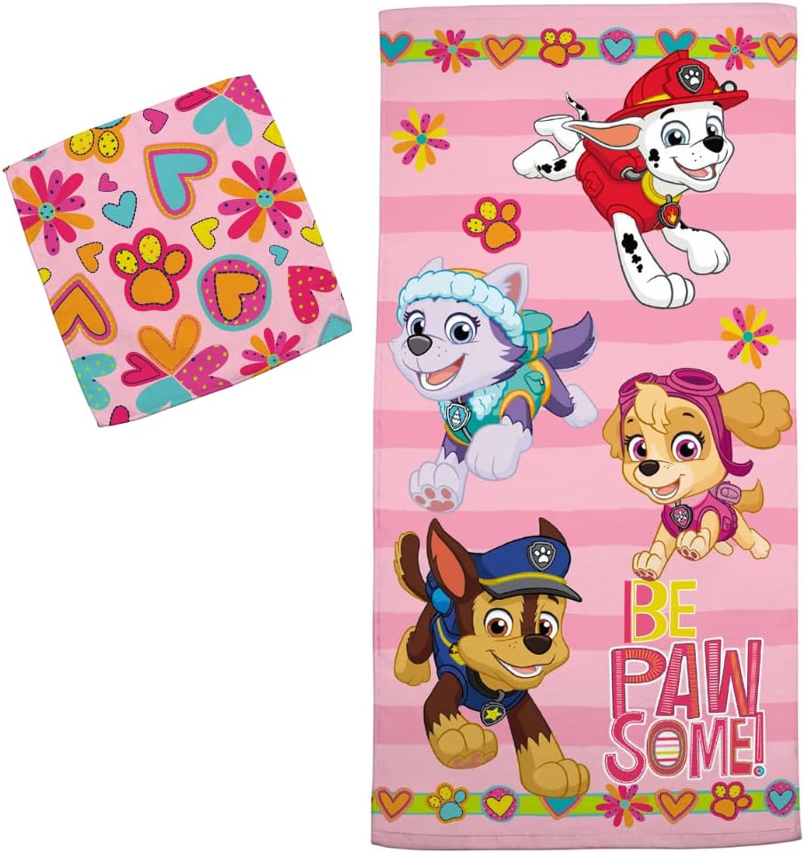 Franco Paw Patrol Girls Kids Bath/Pool/Beach Soft Absorbent Cotton Terry Towel with Washcloth 2 Piece Set, 50 in X 25 In