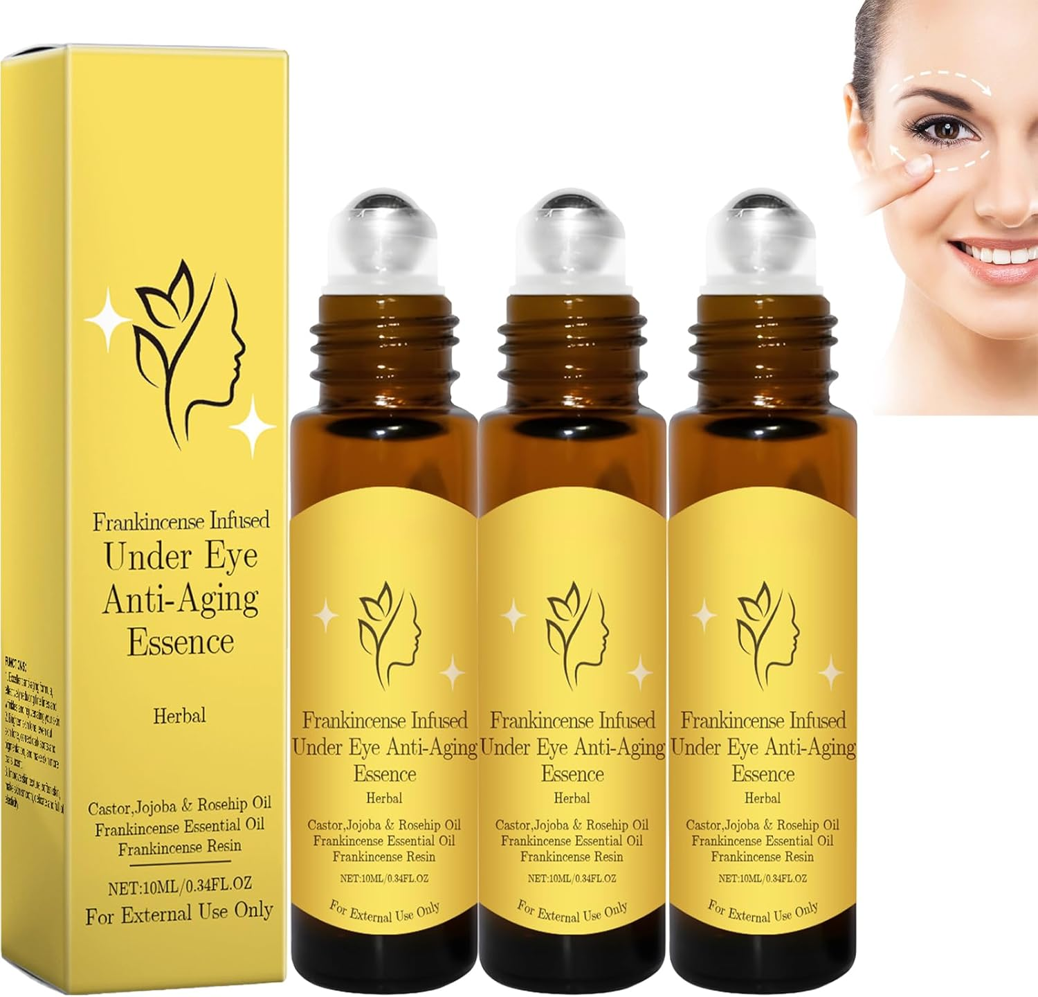 Frankincense Eye Roller Ball Essence Oil with Castor, Jojoba and Rosehip &ndash; under Eye Serum for Dark Circles, Puffiness, Wrinkles, Fine Lines &ndash; Anti-Aging Hydrating Eye Treatment Roller 10Ml (3Pcs)