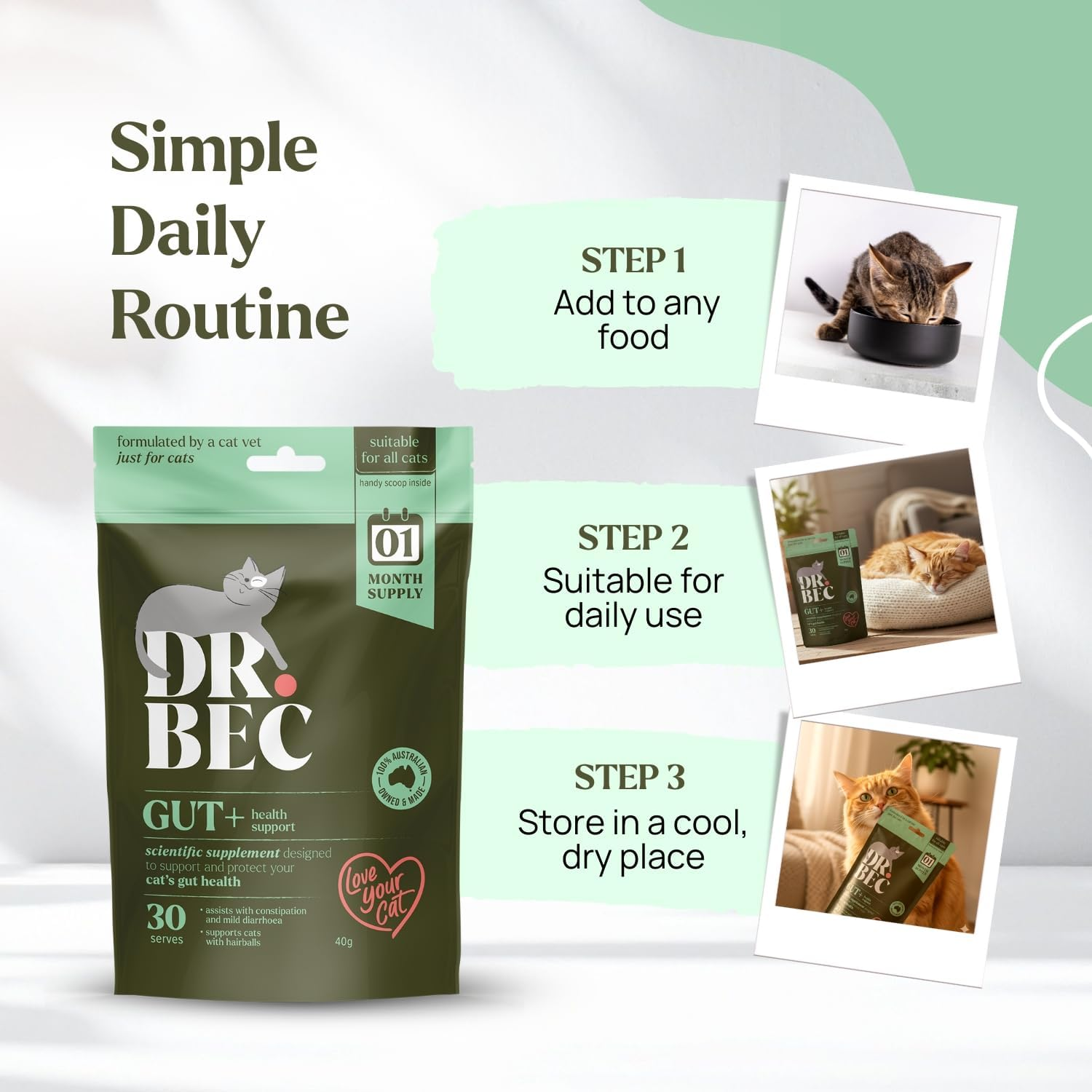 Dr Bec Gut+ Cat Supplement, with Prebiotics, Probiotics, Collagen and B12, Supports Digestive Health, Regular Digestion and Nutrient Absorption, Made in Australia, All Breeds and Ages image number 4