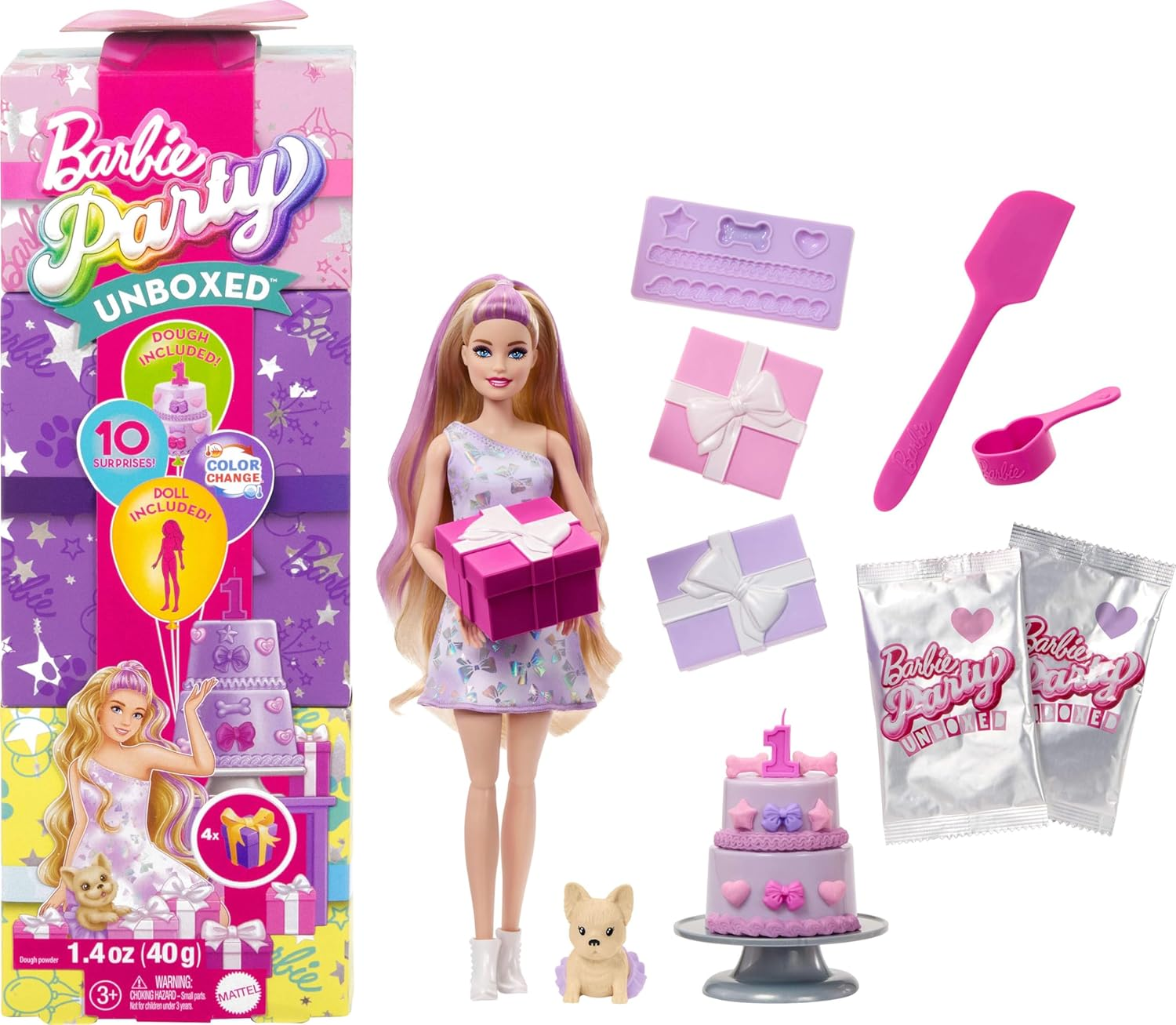 ​Barbie Party Unboxed Doll & Accessories, Pet Birthday Series Birthday Bows Set with 10 Surprises Including Color Change & Cake-Decorating Activity