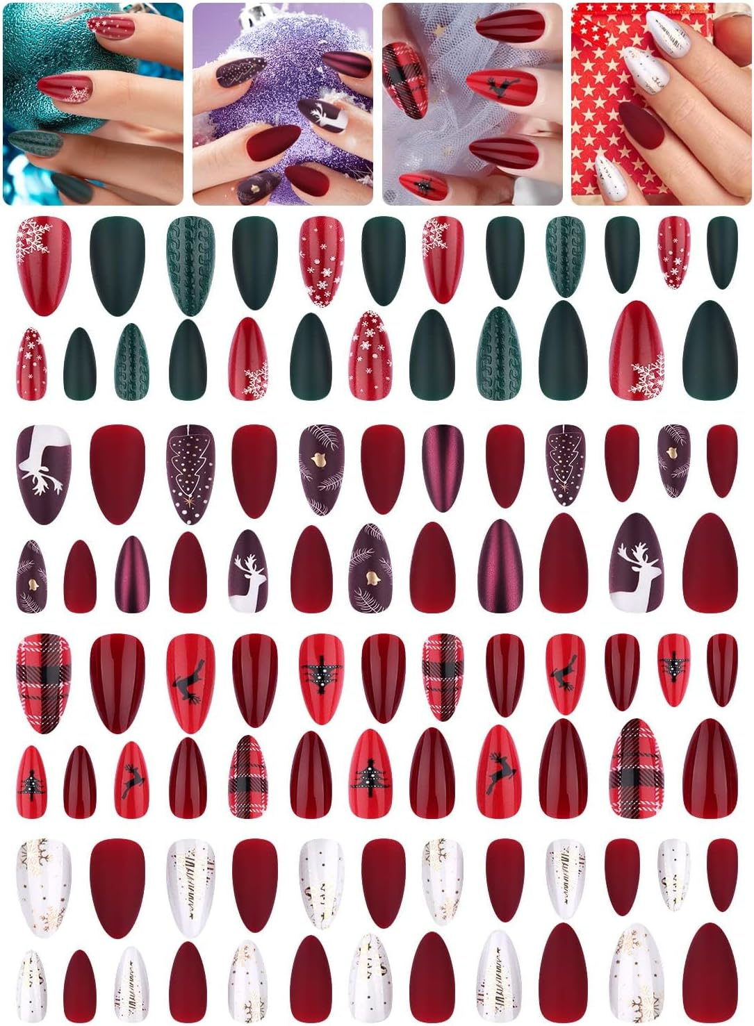 EBANKU 96 Pcs Christmas Fake Nails, Artificial Christmas Press on Nails Reindeer Snowflakes Christmas Trees Full Cover Nail Tips for Women Girls-B