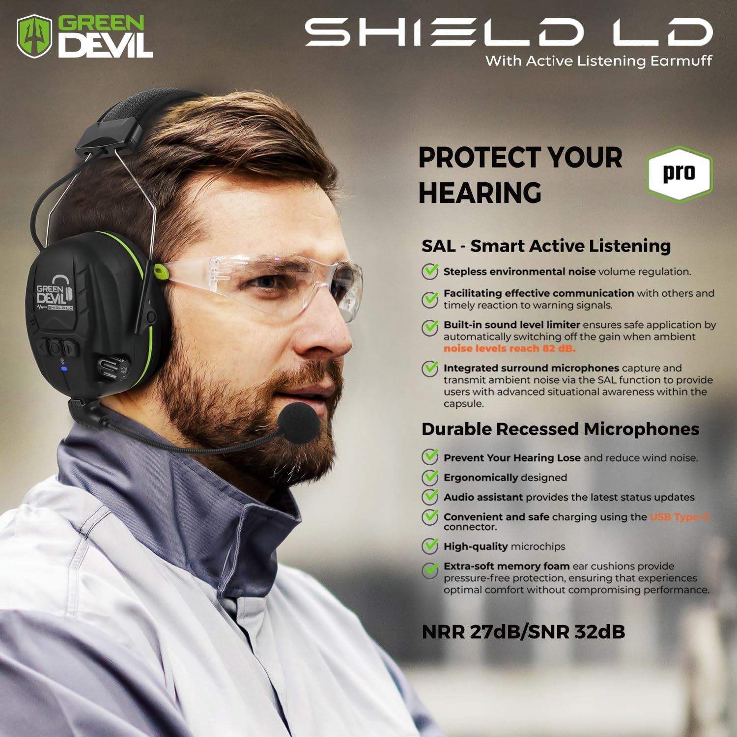 GREEN DEVIL Electronic Bluetooth Hearing Ear Protection Headphones with Boom Microphones 27Db Noise Cancelling Earmuffs - Orange image number 3