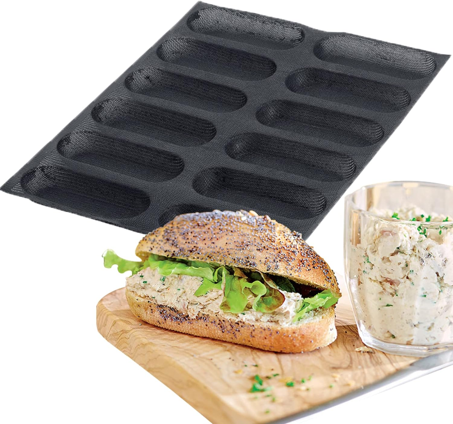 Silicone Perforated Bread Mold for Baking, 12 Individual Oblong Baking Forms, Hot Dog Bun Mold, Silicone Molds for Making Crispy Bread Rolls, Eclairs and Milk Breads image number 2