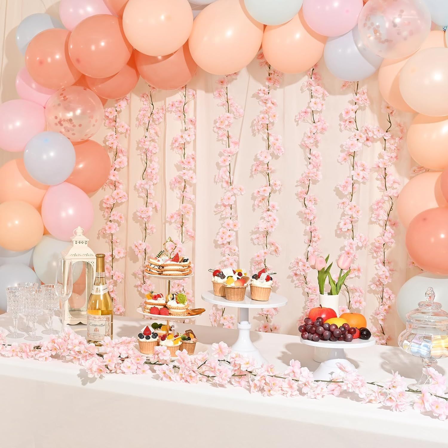 WOYAODONG 2Pcs Artificial Cherry Blossom Flower Vines Outdoor Hanging Garland for Wedding Party Decor,Pink