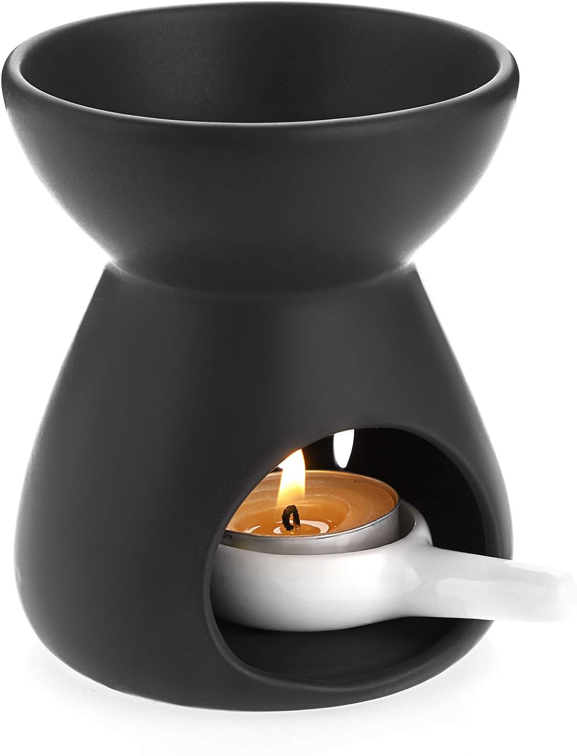 BSTKEY Ceramic Oil Burner Aroma Diffuser, Decorative Wax Melt Burner with Little Candle Spoon, Candle Burner for Home Office, Funnel Model (Black)