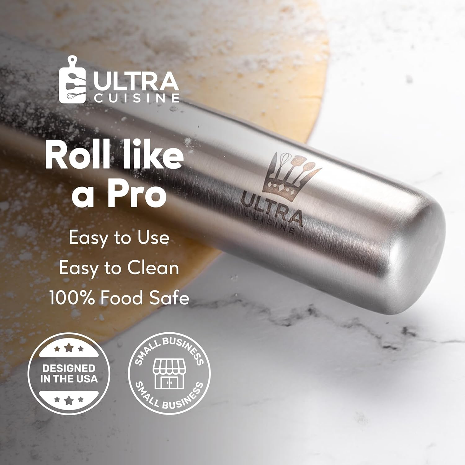 Ultra Cuisine Professional French Rolling Pin for Baking - 15.75" Smooth Stainless Steel Metal and Tapered Design Best for Fondant, Pie Crust, Cookie and Pastry Dough - Baker Roller By image number 4