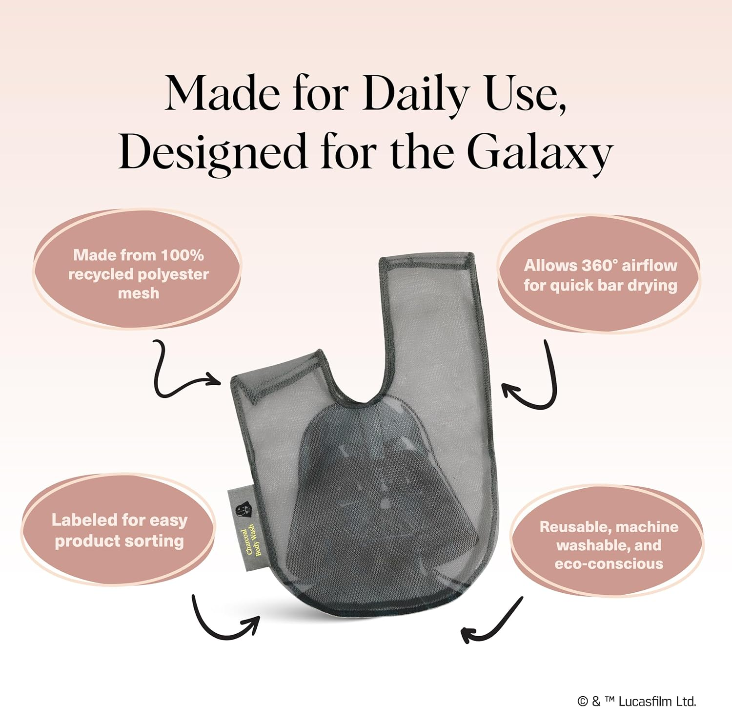 Kitsch X Star Wars Bar Soap Saver Bag &ndash; Recycled Mesh Beauty Bar Pouch for Body Wash, Conditioner & Shampoo Bars, Holder to Preserve Soap, Eco-Friendly, Patented Bag - Darth Vader image number 5