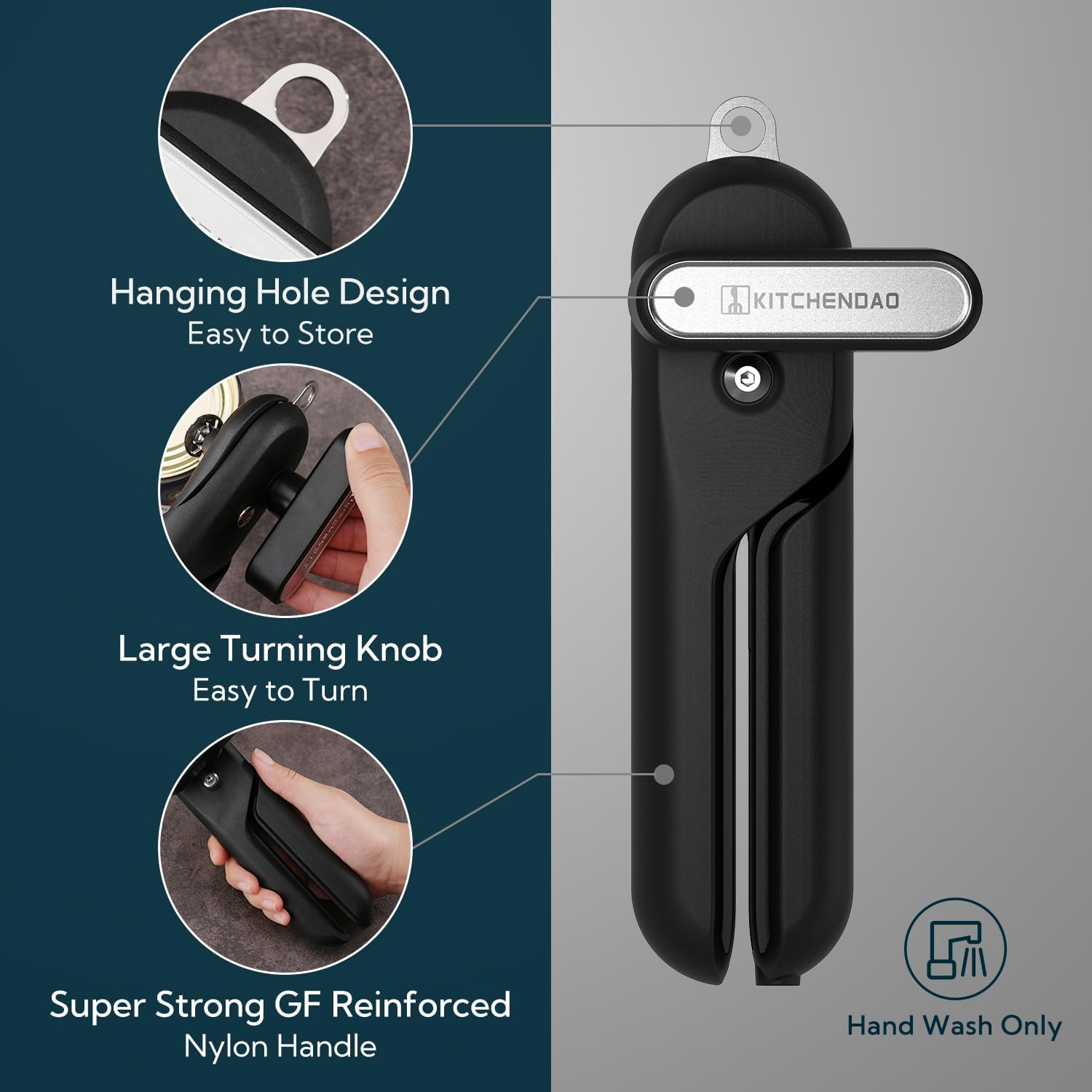 KITCHENDAO Replaceable Can Opener with 2 Extra Blades, Super Sharp Manual Can Opener with Magnet, Smooth Edge Cut Handheld Tin Opener, Large Turning Knob for Seniors & Arthritis, Black image number 1