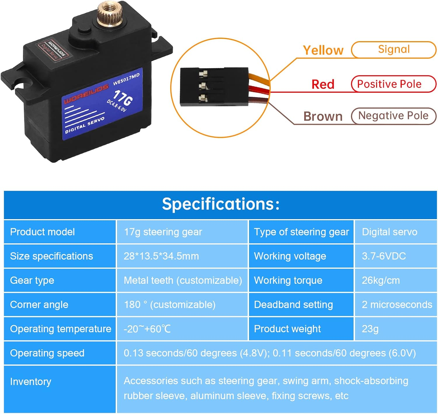 17G RC Digital Servo, High Torque Waterproof Metal Gear Servo with Servo Horn for Axial SCX24 Car Boat Model Upgrade Parts image number 3