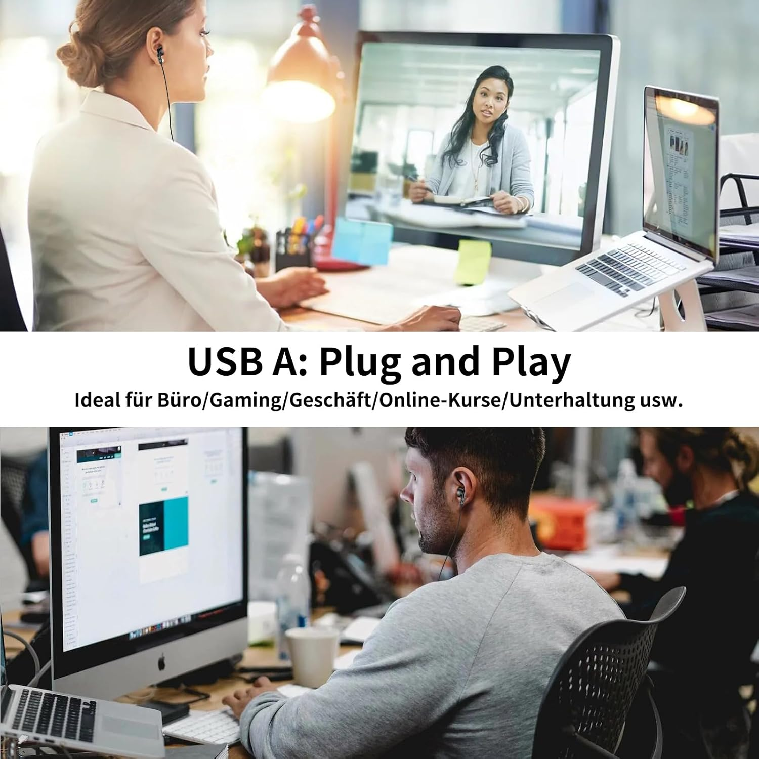 USB In-Ear Headphones for PC Mac Laptop PS4 PS5 Headset with Microphone and In-Line Control Noise Reduction Clarity USB Headphones with Cable for Switch Gaming Office Business Online Meetings Black image number 3