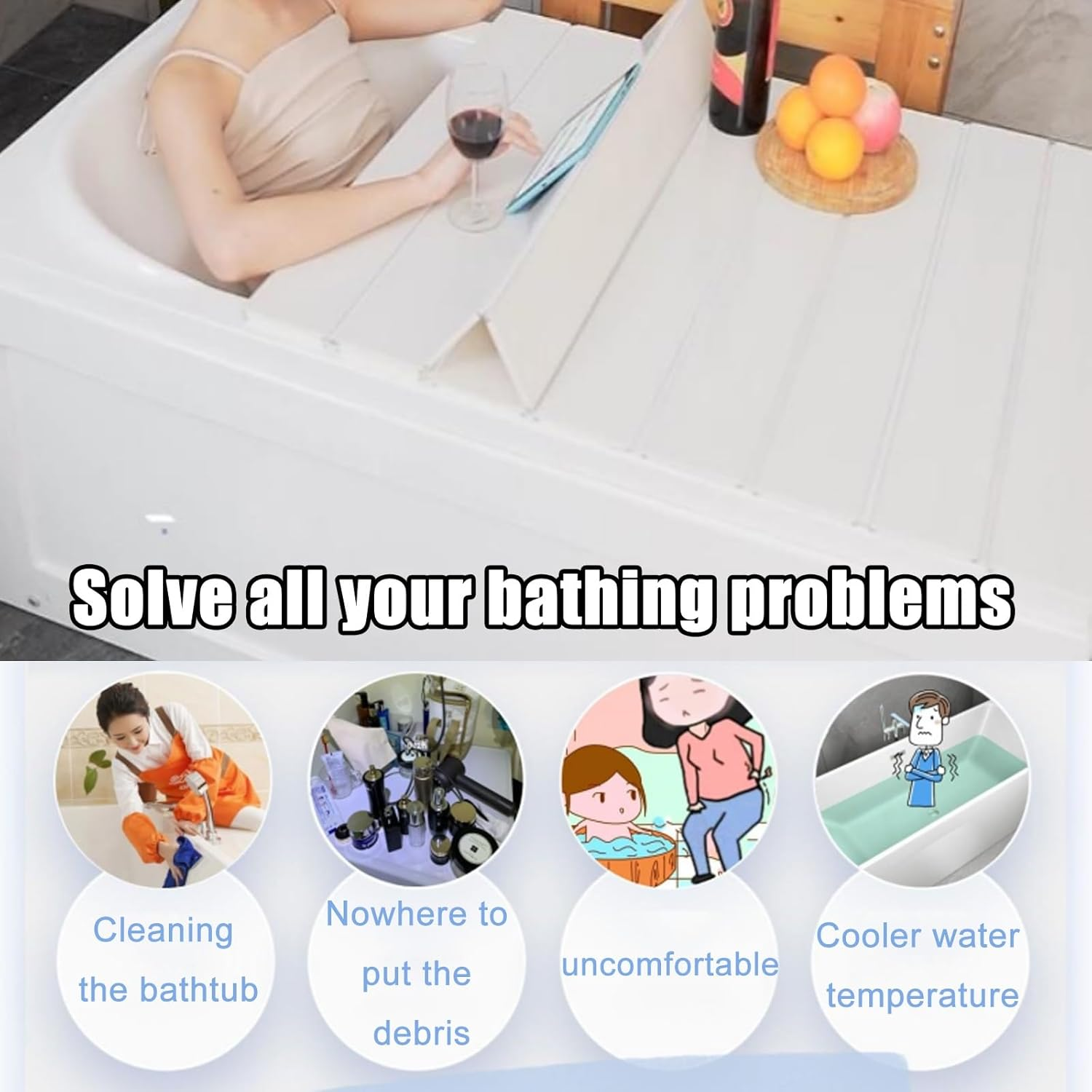 Foldable Bathtub Tray Bath Tub Cover Lid, Bathtub Cover Insulation Dust Cover PVC Shutter Fit Most Tubs, Can Store Wine Glass, Tablets Insulation Plate for Bathroom, Home(170X66X0.65Cm) image number 6