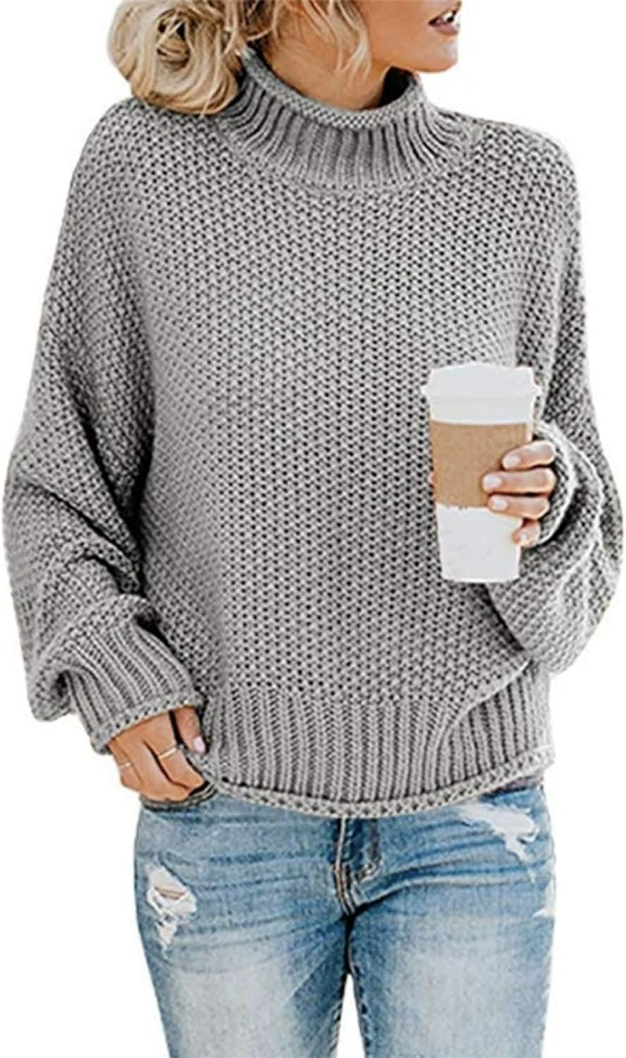 Womens Chunky Knit Slouchy Turtleneck Pullover Batwing Long Sleeve Pullover Loose Solid Casual Pullover Fall Tops Jumper