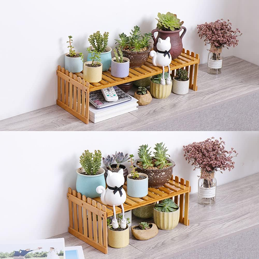 Countertop Bamboo Plant Shelf Bamboo Flower Pot Stand Balcony Flower Rack Cabinet Organizer Multi-Function DIY Desktop Storage Rack for Living Room Bedroom Kids Room 37Cm&2 Layers - 47Cm2 Layers image number 2