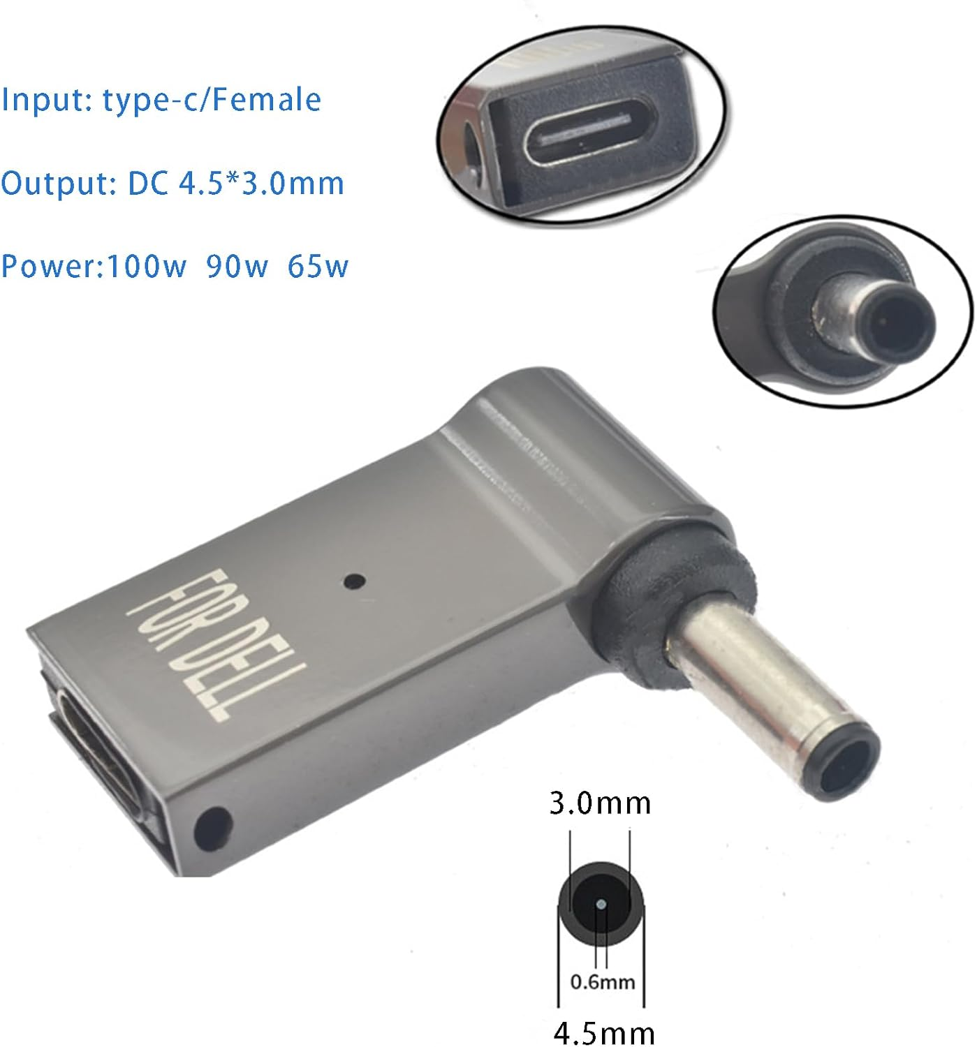 2PC Laptop Power Adapter Plug Charger Supply Converter Male DC 4.5X3.0 Jack Plug 100W PD Power Charger Connector round Tip to Female USB Type C for Dell image number 3