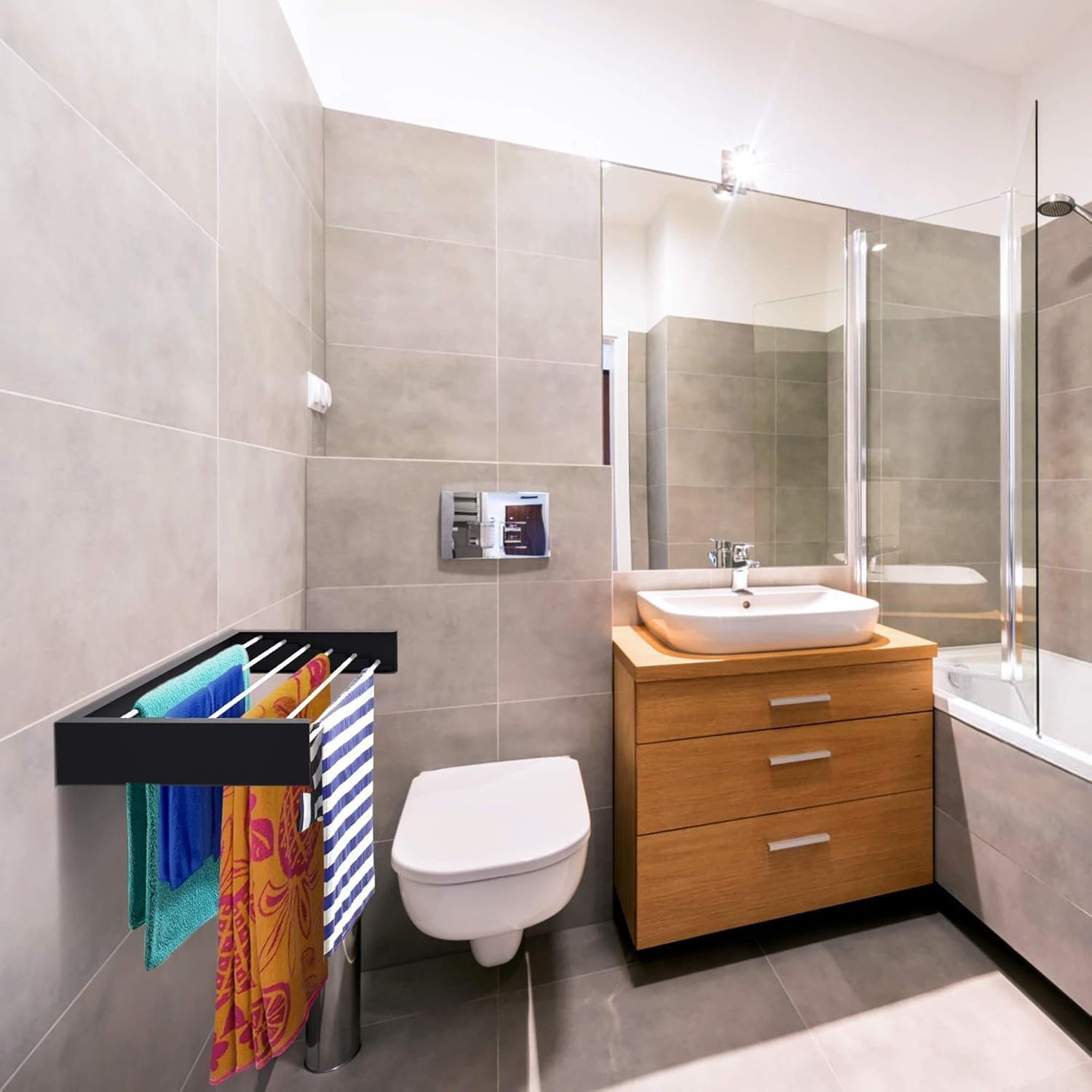 Qowooq Laundry Drying Rack Collapsible, Wall Mounted, Clothes Drying Rack, 81.3 Cm Industrial Black, 18.1 Kg Capacity with Wall Template and Long Screwdriver Bit (Black, 80Cm) image number 3