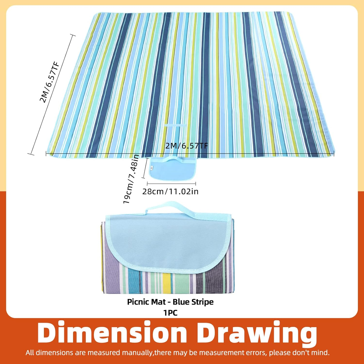 Tanstic Outdoor Picnic Blanket, 79" X 79" Extra Large Waterproof Foldable Beach Mat with Carry Strap for Camping Park (Blue Stripes) image number 5