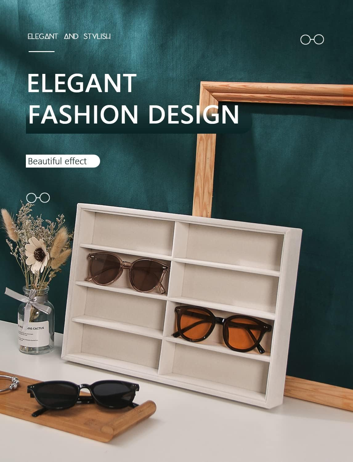 Sunglass Organizer Tray, Beige Velvet Glasses Trays, Eyeglasses Watches Jewelry Display Organizer Tray Box for Men Women (8 Grids Beige) - 6 Grids Beige image number 3