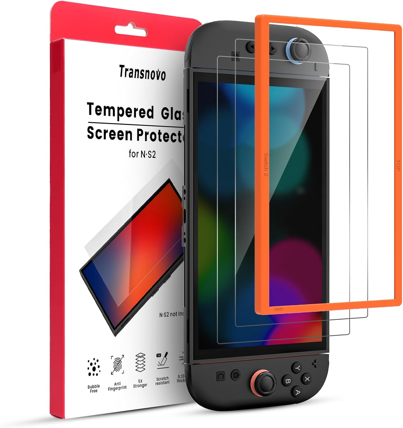 TRANSNOVO 2-Pack Screen Protector Tempered Glass Compatible with Nintendo Switch 2 2025 [9H Hardness], Bubble-Free, Anti-Scratch, HD Clear with Alignment Frame Travel Case Friendly Cover Accessories image number 4
