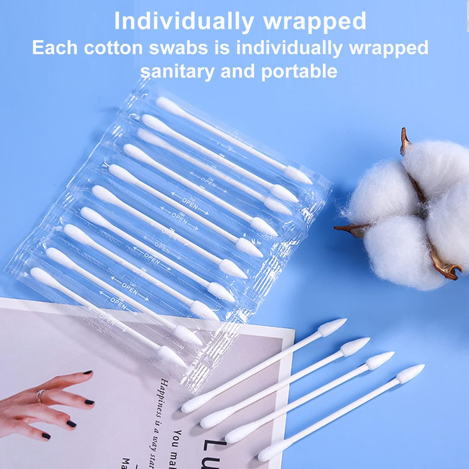 Cotton Swab Individually Wrapped, 200 Count Natural Cotton Buds, Double Tipped Cotton Tips for Ear, Beauty Care, Cleaning (White, round & Pointed Shape Cotton Heads) image number 2