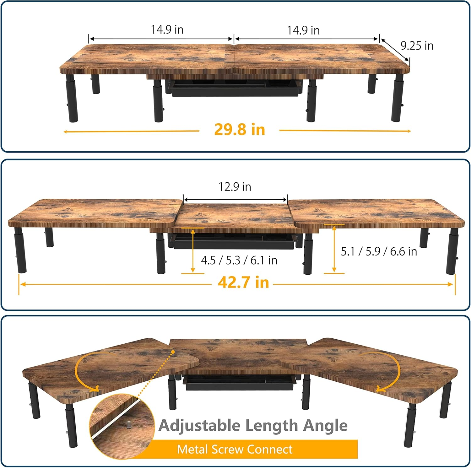 ETHU Dual Monitor Stand Riser for Desk, Computer Desk Monitor Stands for 2 PC Monitors, Computer, Laptop and Printer, 3 Adjustable Shelf Length and Angle Desktop Stand with Phone Holder and Drawer, Office Supplies, Computer Accessories(Walnut) image number 3