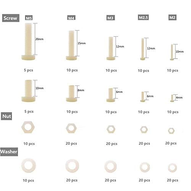 Hotusi M2 M2.5 M3 M4 M5 (Total 270Pcs) Nylon Screw/Nut/Washer Assortment Kit Come with Plastic Box image number 6