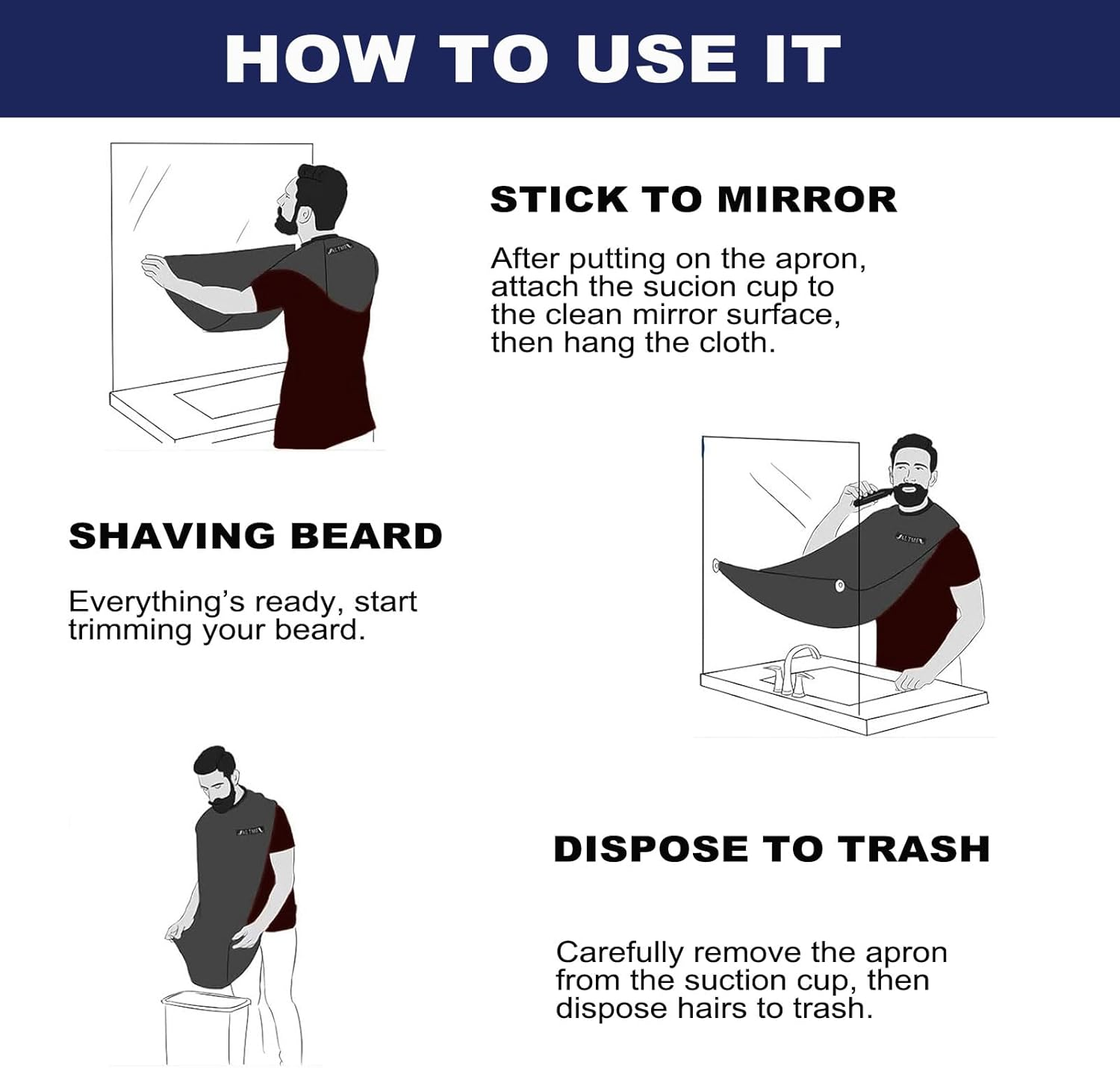 Beard Apron with Suction Cups & Beard Brush Set - Waterproof Beard Bib Apron for Men Shaving Catcher - Beard Hair Catcher for Sink - Black & White image number 6