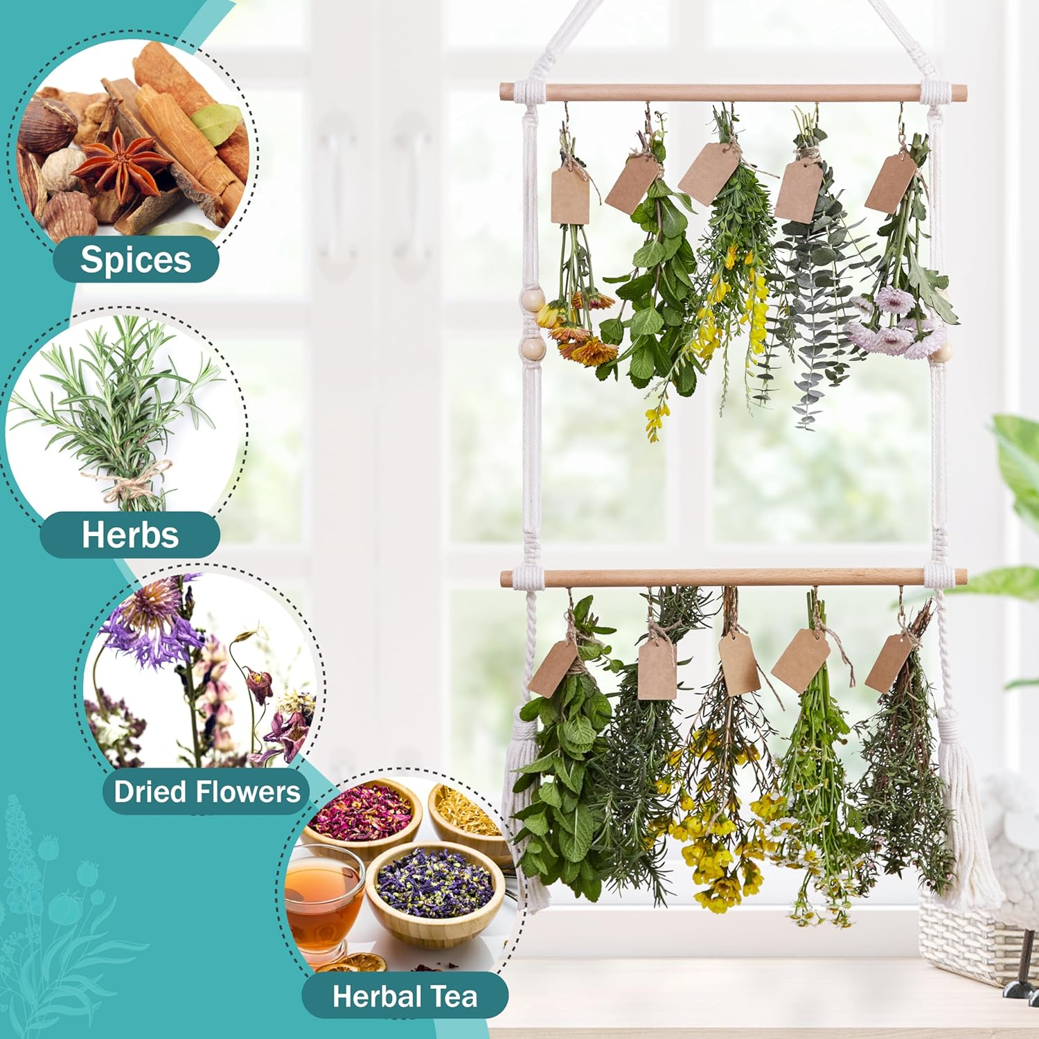 PROTITOUS 2Tier Herb Drying Rack Flower Drying with 25PCS Brown Gift Tags and 32Ft Natural Jute Twine Herb Dryer,Herb Drying Rack,Hanging Herb Dryer Rack, Ivory image number 5