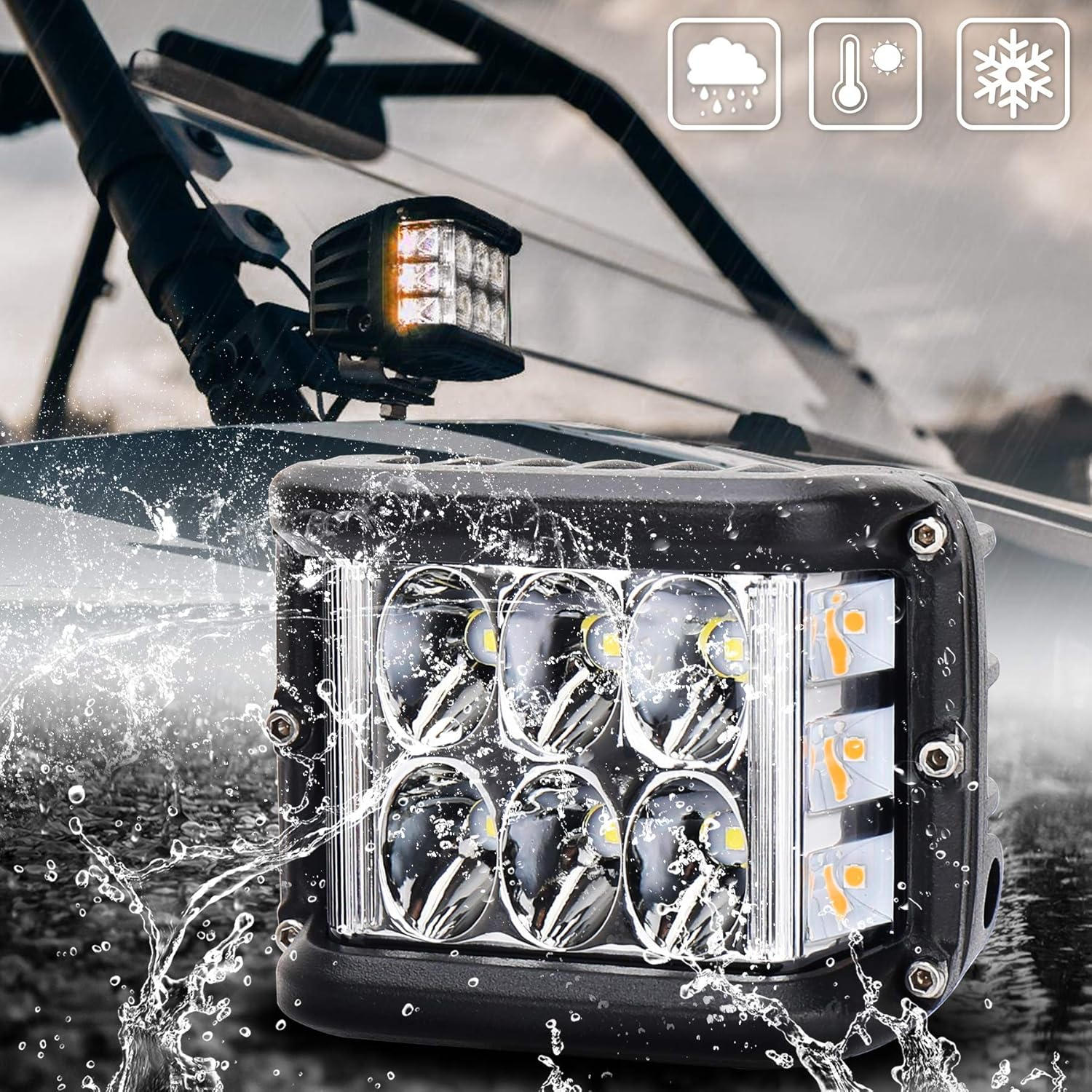 OVOTOR Side Shooter, LED Pods Light 4 Inch off Road Dual Side Yellow DRL with Flash Strobe Function Driving Flood Spot Cube Work Light Bar for Jeep Truck ATV Boat image number 4