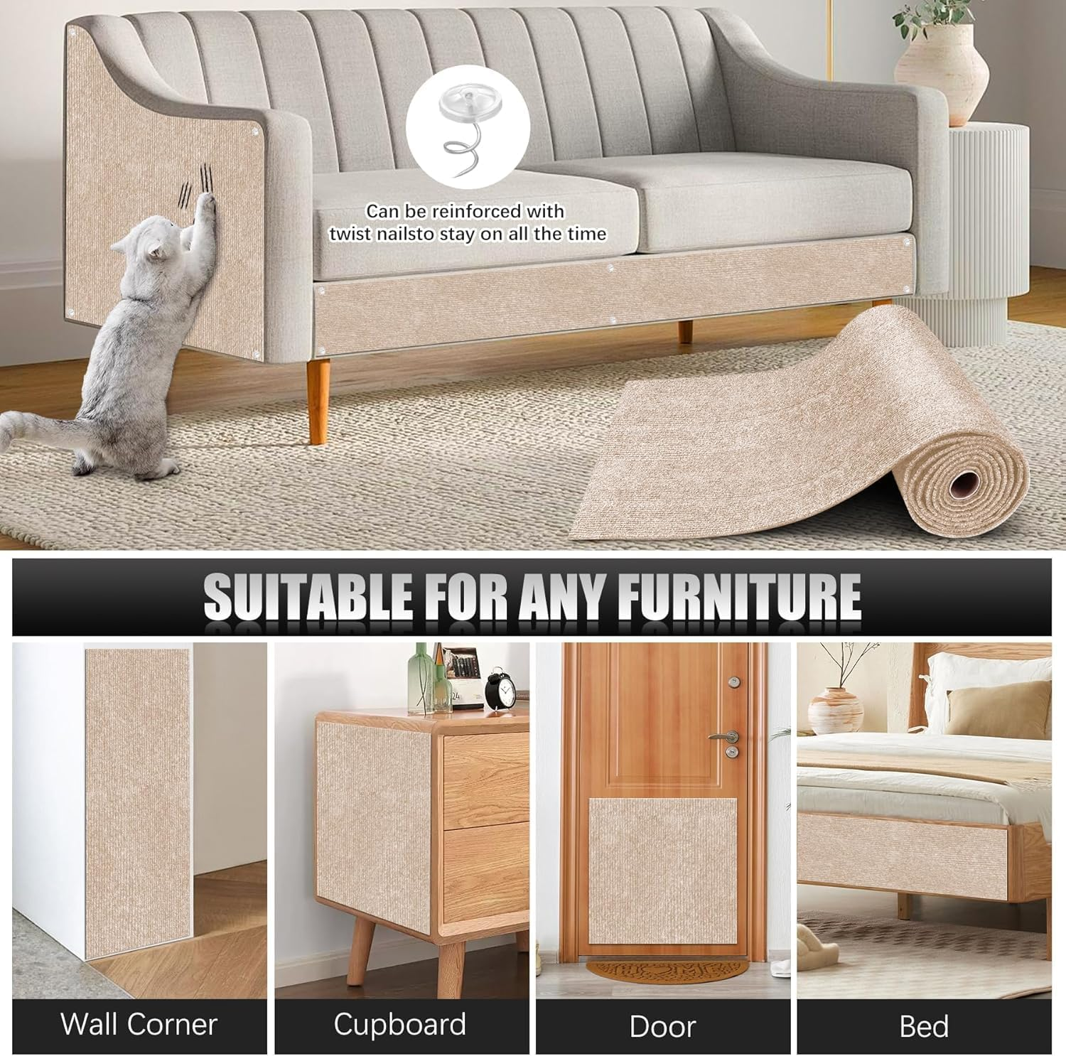 2PCS Self-Adhesive Cat Scratch Mats, Trimmable DIY Cat Scratcher Pads for Couch, 100&times;40Cm,Wall, Doors & Furniture Protection, Durable Anti-Scratch Cover for Cat Towers (Khaki)