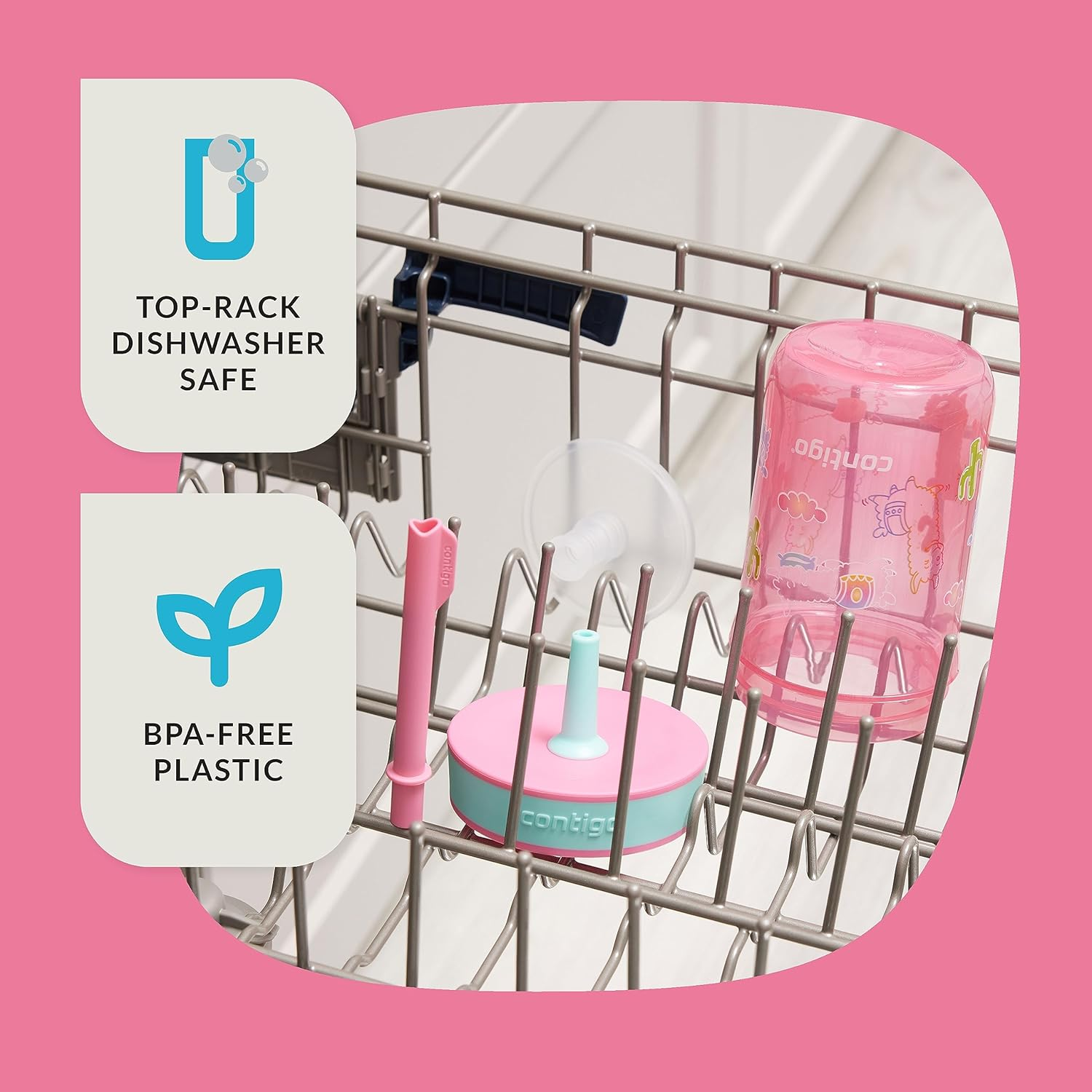 Contigo Leighton Kids Plastic Water Bottle, Spill-Proof Tumbler with Straw for Kids, Dishwasher Safe, 14Oz 2-Pack, Blue Raspberry/Butterflies & Azalea/Llamas image number 3