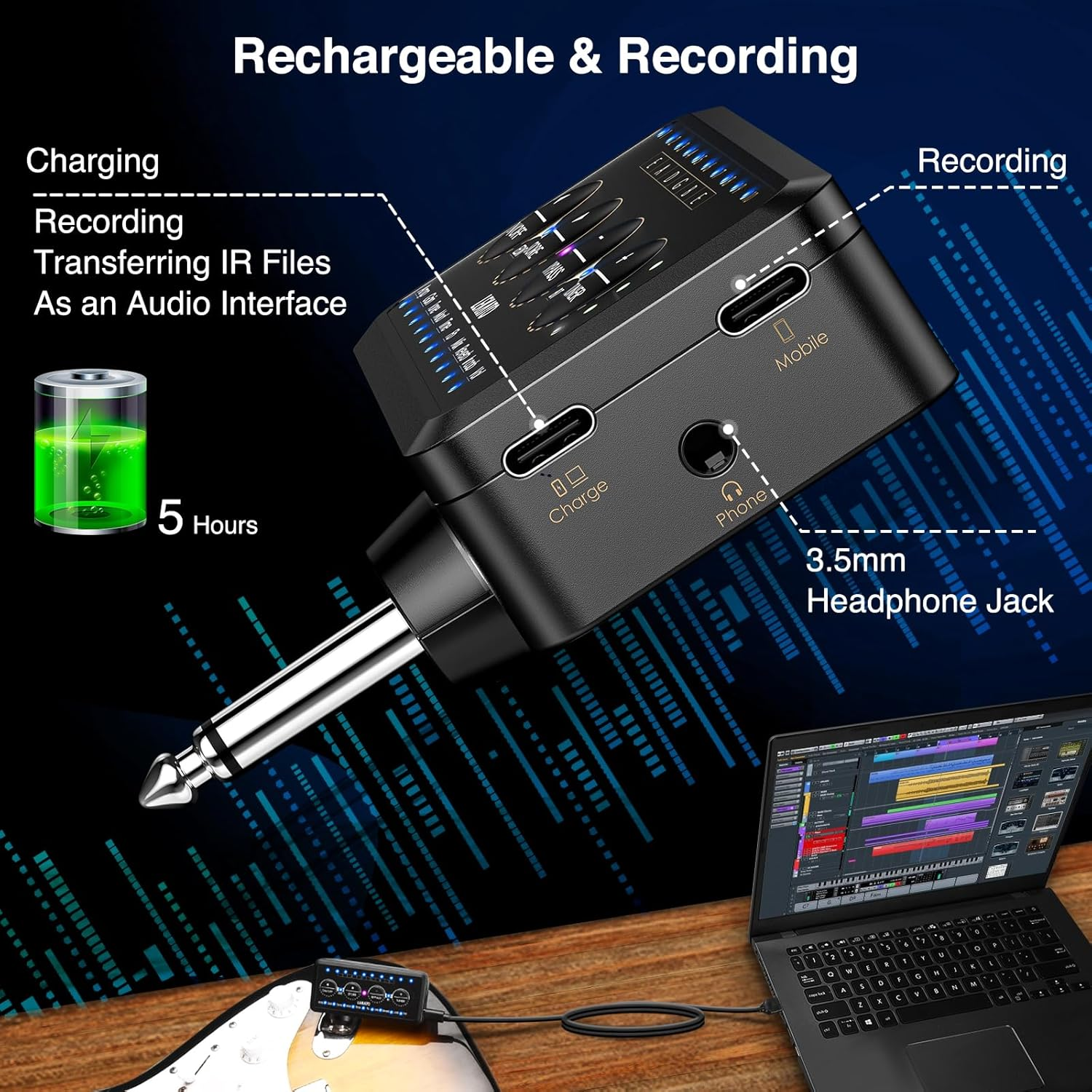 LEKATO Guitar Headphone Amp Rechargeable Micro Headphone Amplifier with Multi Effects - Amp Models, IR Loading, Tuner, Portable Bass Guitar Headphone Amplifier Delay Reverb Chorus Overdrive