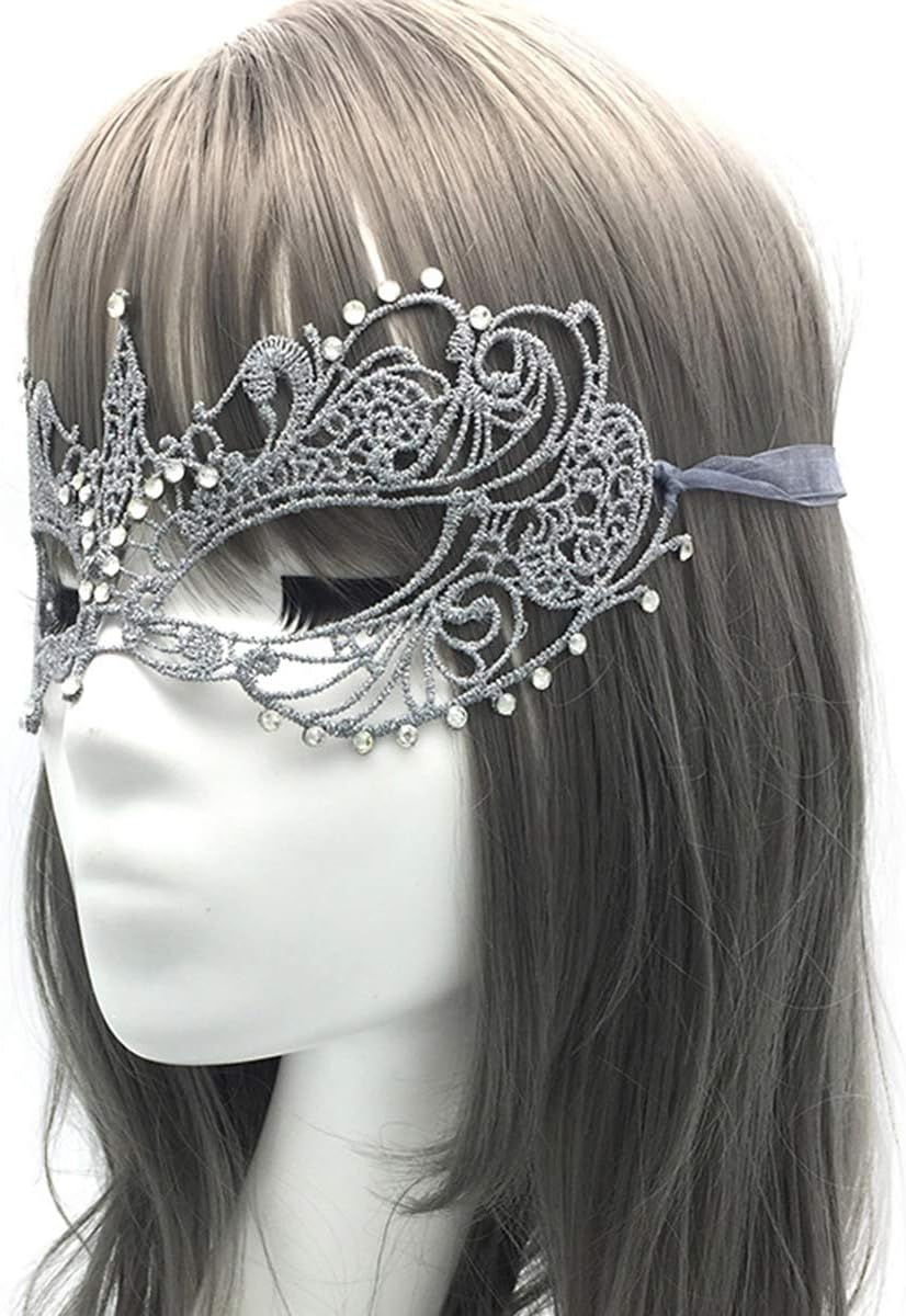Imapo Masquerade Mask with Rhinestones, Sexy Mardi Gras Masks for Women Lady, Halloween Christmas Cosplay Venetian Party Prom Ball Lace Eye Masks - Silver image number 2