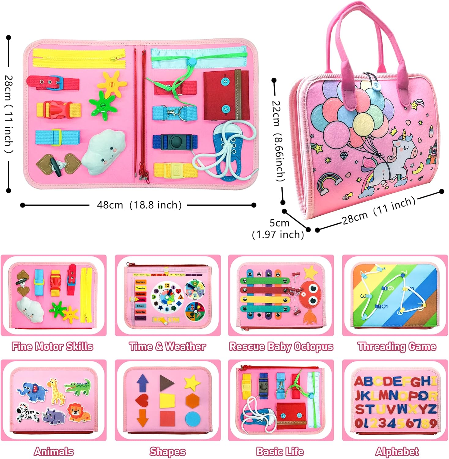 Busy Board Montessori Toys for Toddlers, 9 in 1 Busy Book Early Education Learning Travel Toy,Activity Sensory Board Book Preschool Toys for Boys Girls 1 2 3 4 Years Old (Pink Unicorn) image number 3