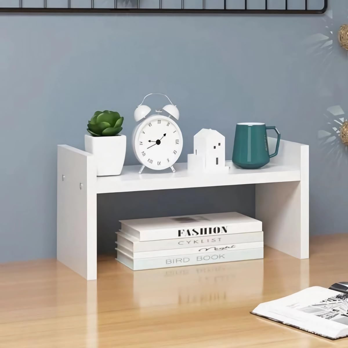 Hbluefat Desktop Organizer Shelf, Small Desk Bookshelf, Wooden Tabletop Mini Bookcase, Modern Mini Display Storage Rack for Home Office (White)