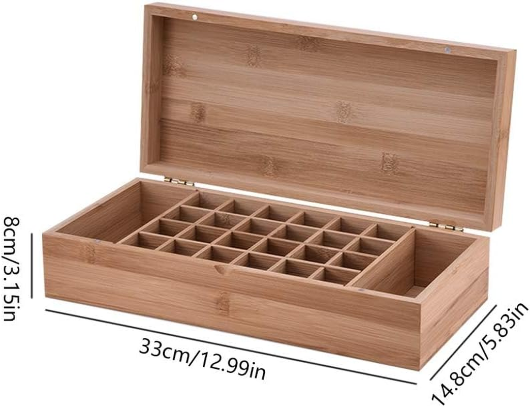 Pure Vie Essential Oil Bamboo Storage Box Travel Display Presentation, Holds 26 Bottles for 5, 10, 15Ml - Aromatherapy Organizer Nail Polish Fragrance Container - Keep Your Oils Safe & Space Saver