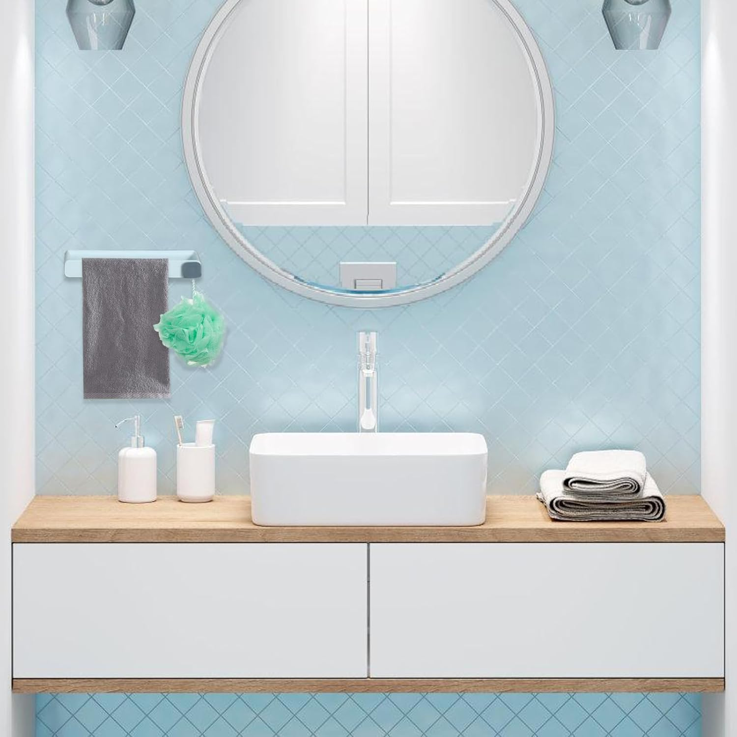 2-Pack Towel Bars, Wall-Mounted Bath Towel Racks, Self-Adhesive No-Drill Installation, Suitable for Bath Towels/Hand Towels, Modern Minimalist Design (White) - Blue image number 3