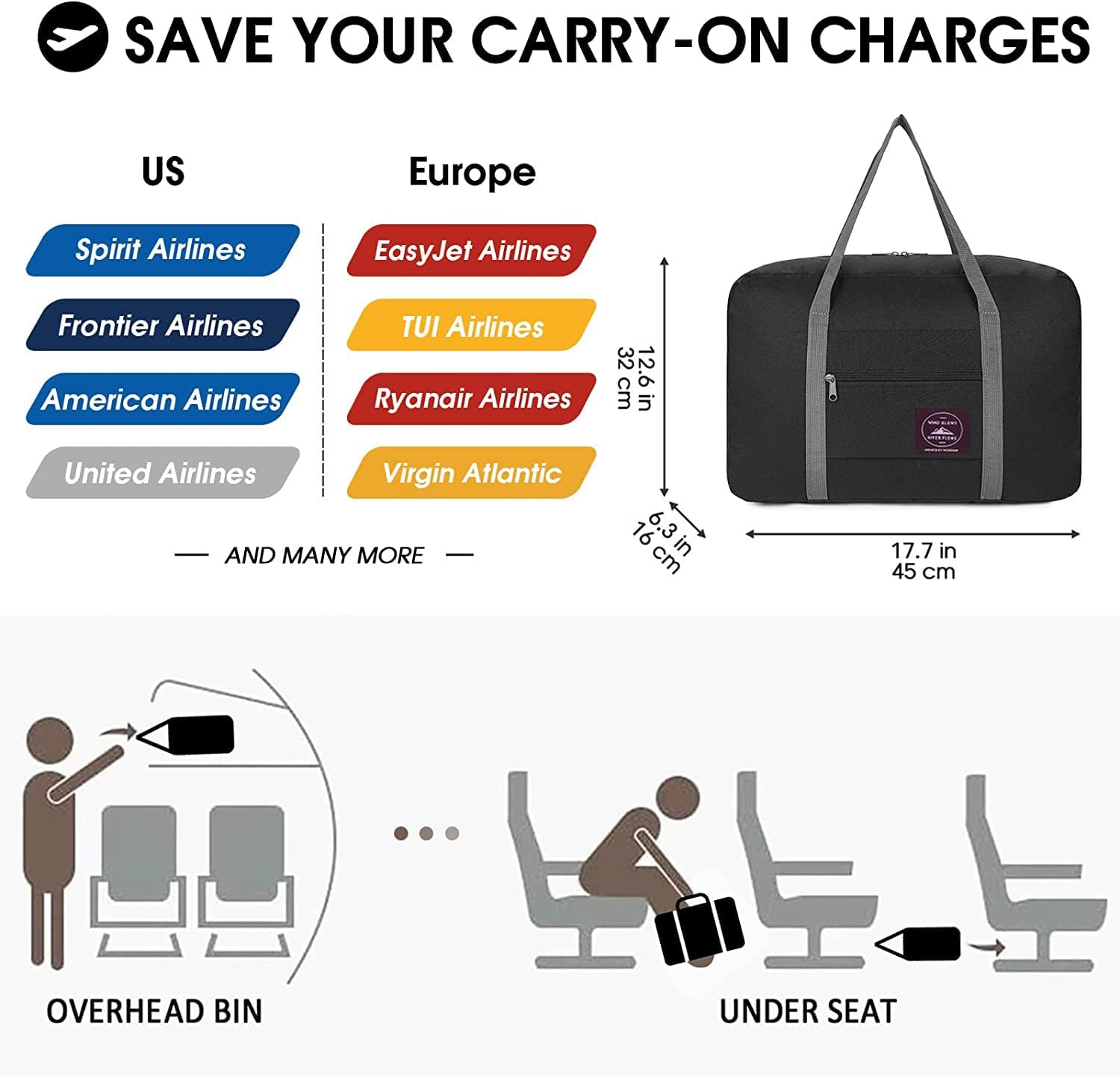 Travel Foldable Duffel Bag for Airlines, Resistant Nylon Waterproof Lightweight Travel Duffle Luggage Bag for Women Men for Vacation, Sports (Black) image number 4