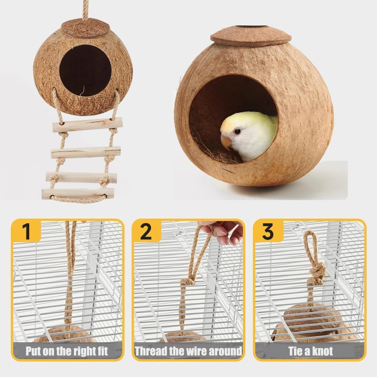 AIMALL Bird'S Nest Parrot Coconut Shell Nest Bed, Large Size Tiger Skin Peony Xuan Feng Pearl Bird Cage Special Warm Straw Toy, 13.5-15Cm (5.31-5.9 Inches) - Rope Type image number 4