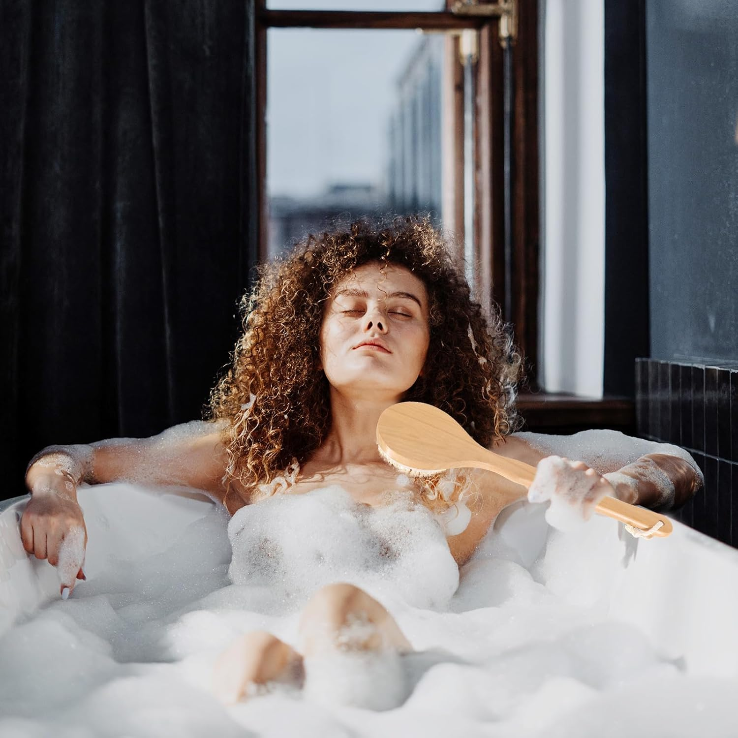 SEWACC Long Handle Boar Bristle Body Brush 41.5X11Cm for Showering and Dry Brushing, Skin Exfoliating Back Scrubber Suitable for Wet and Dry Use in Bathing image number 1